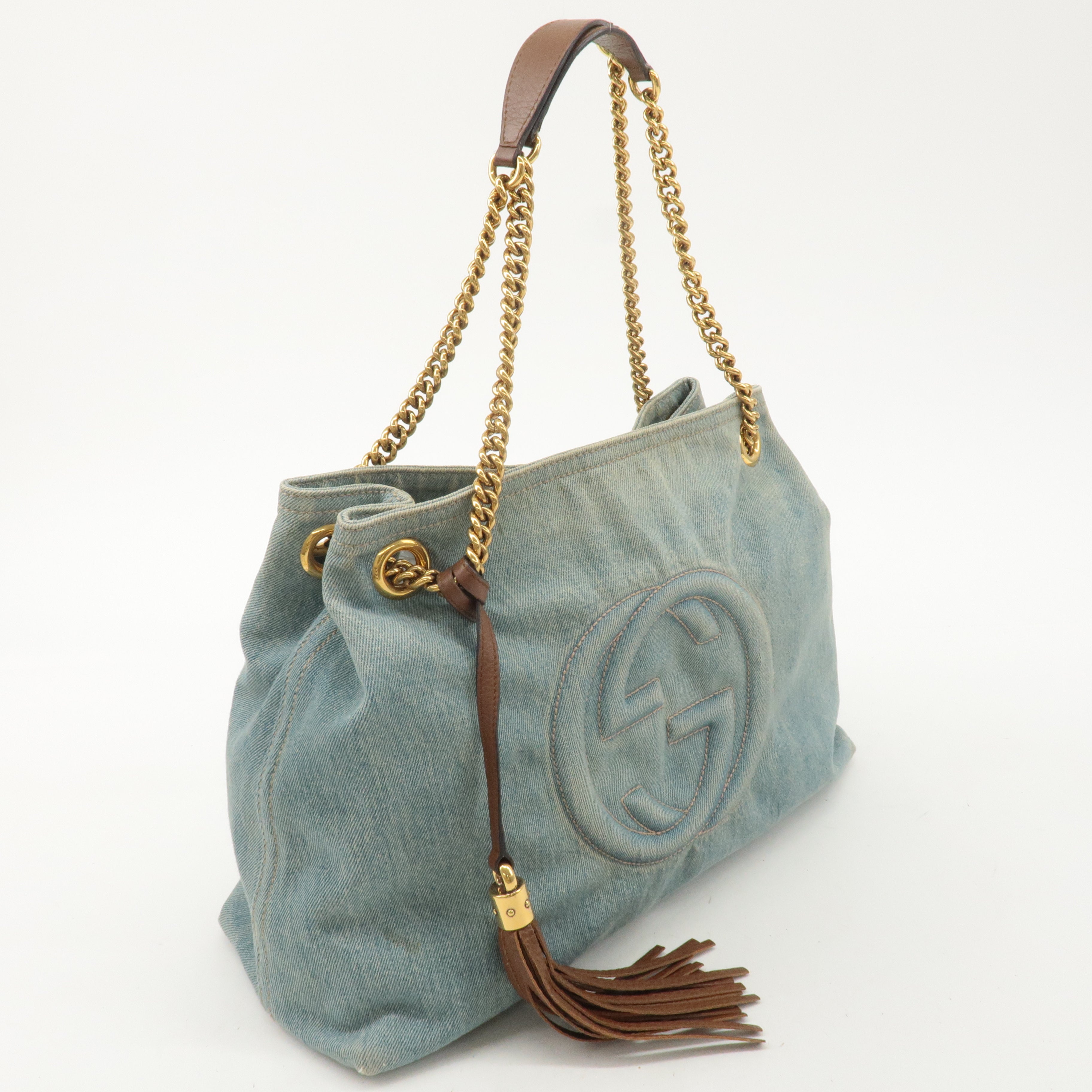 GUCCI SOHO Denim Leather Chain Shoulder Tote Bag Blue 308982