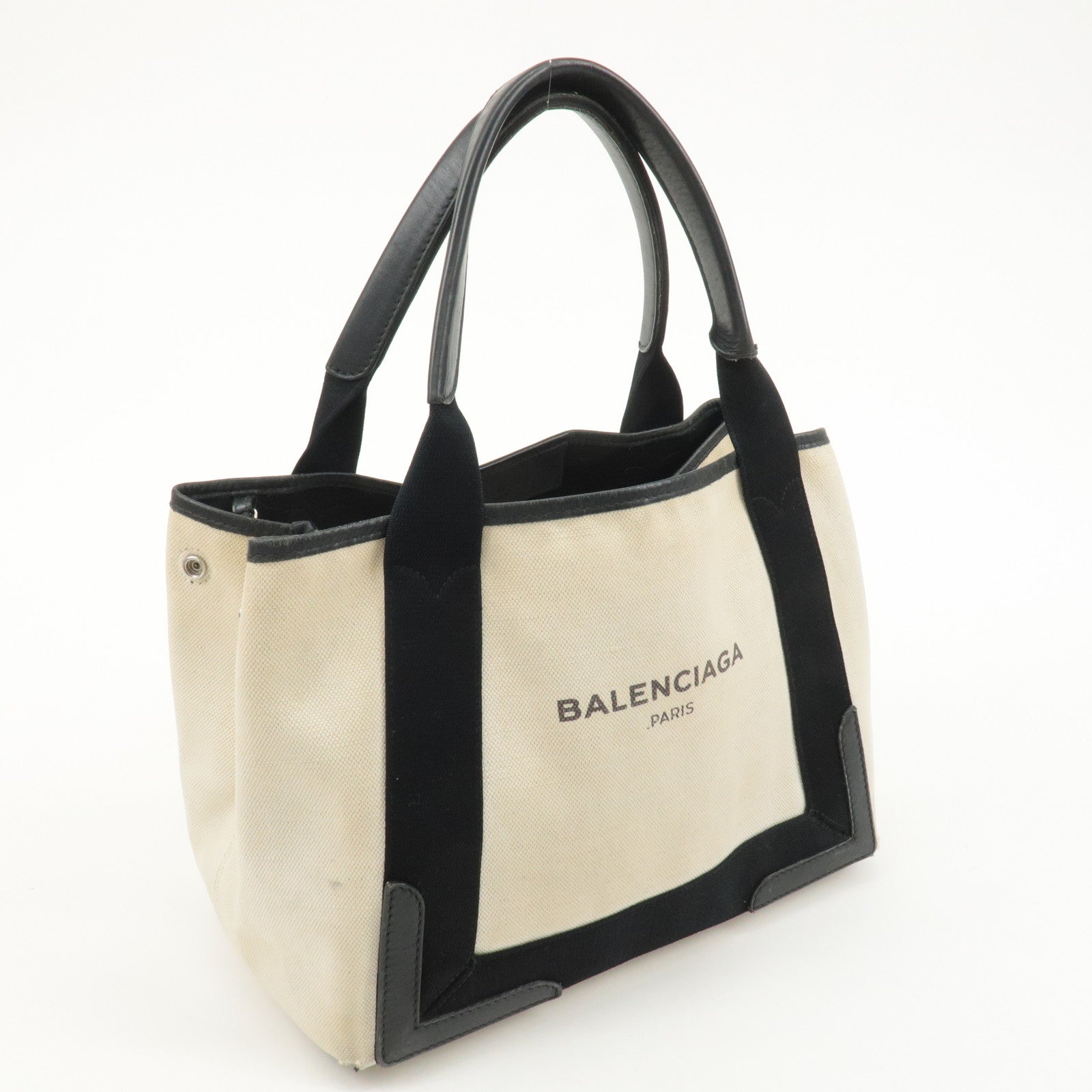 BALENCIAGA Canvas Leather Navy Cabas S Tote Bag Ivory Black 339933