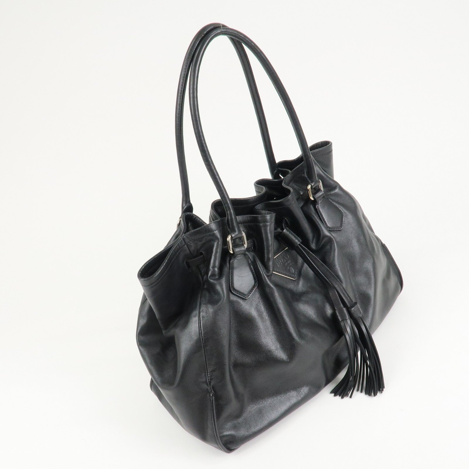 PRADA Triangle Logo Leather Tote Bag Black Used