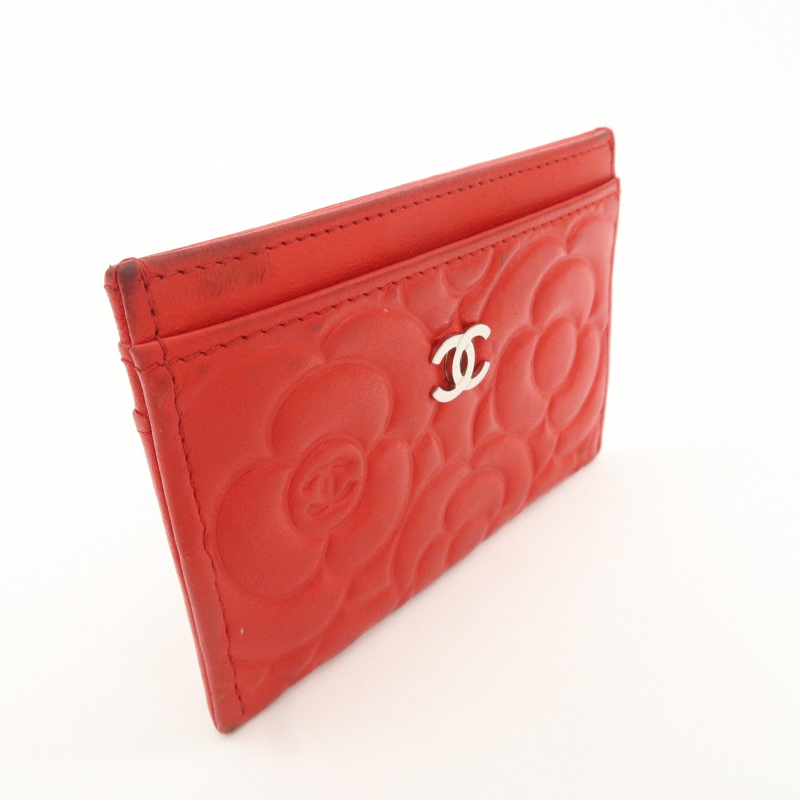 CHANEL Camellia Lambskin Embossed Card Case Red A3173855 Used