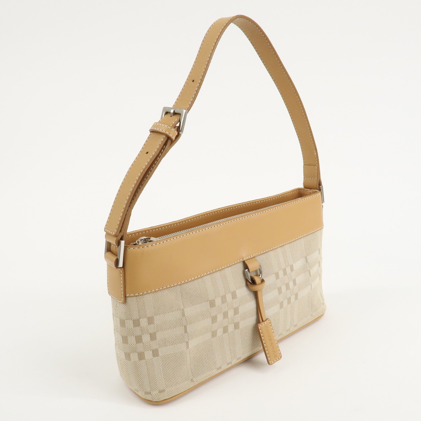 BURBERRY Canvas Leather Check One Shoulder Bag Beige