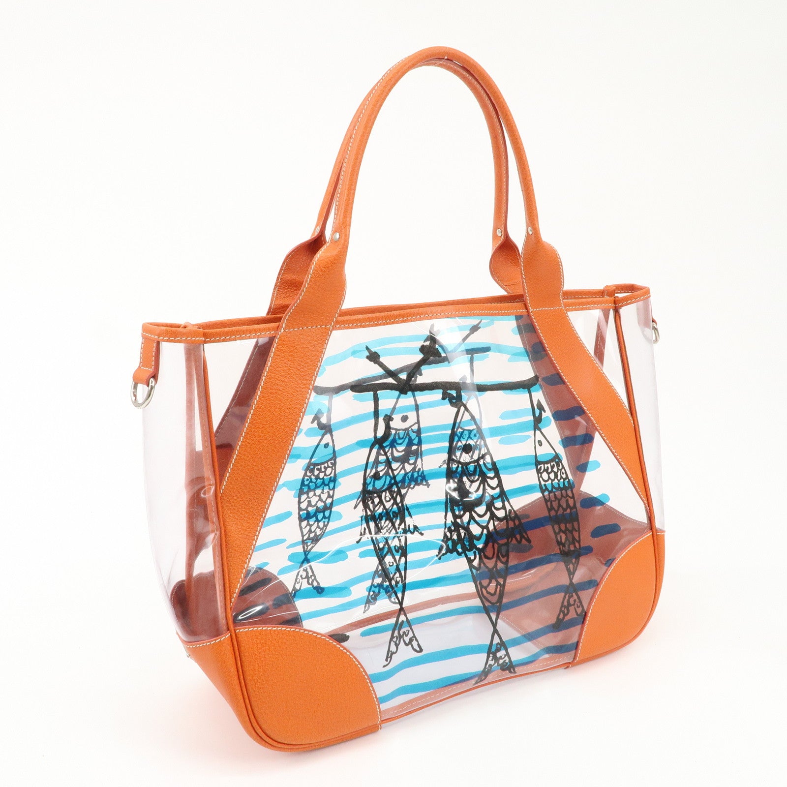 PRADA PVC Leather  Fish Print Clear Tote Bag Orange BR3020 Used