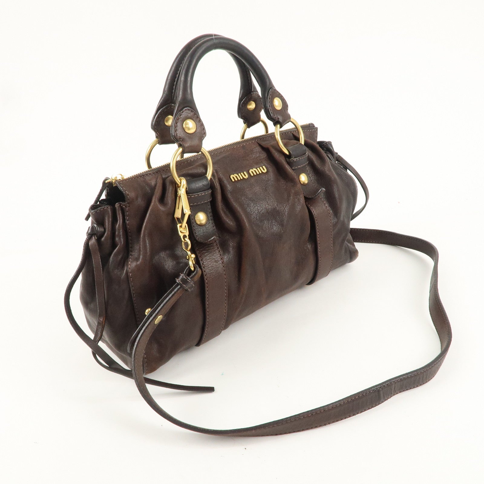 MIU MIU Leather 2Way Bag Hand Bag Shoulder Bag Dark Brown RT0384