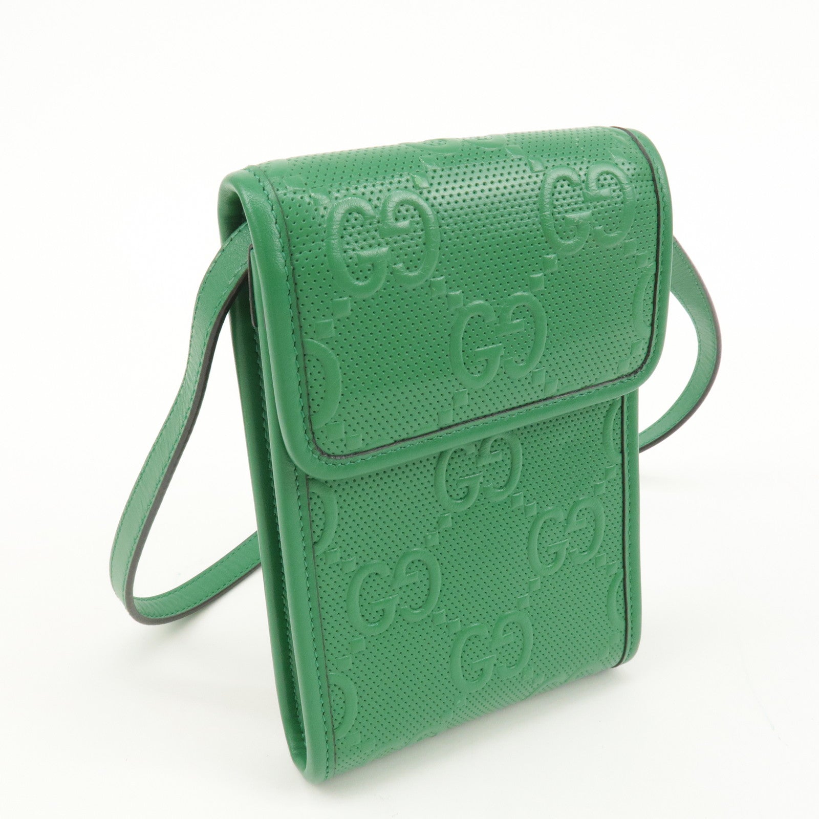 GUCCI GG Embossed Leather Shoulder Bag Green 625571