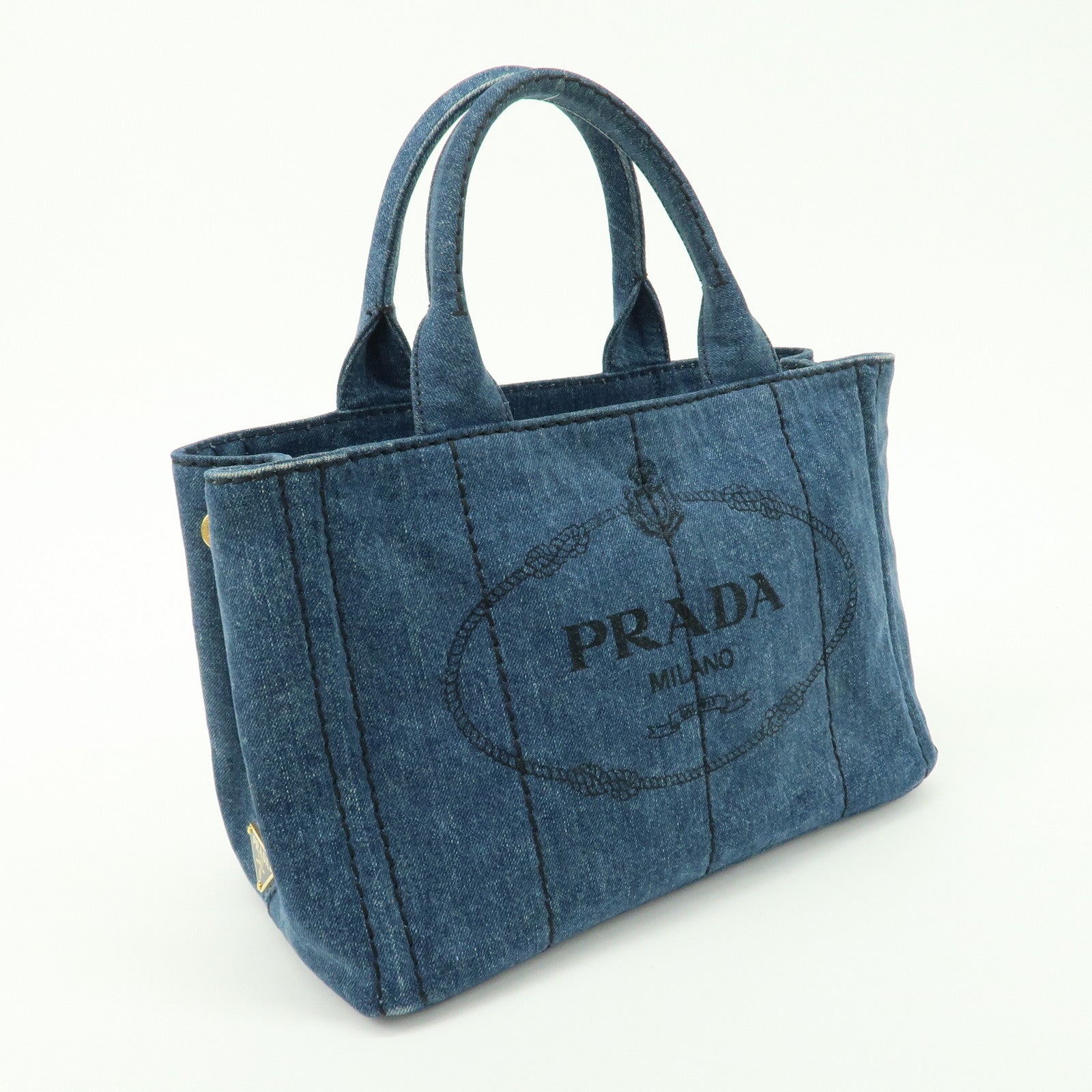 PRADA Logo Canapa Mini Denim Tote Hand Bag Blue 1BG439