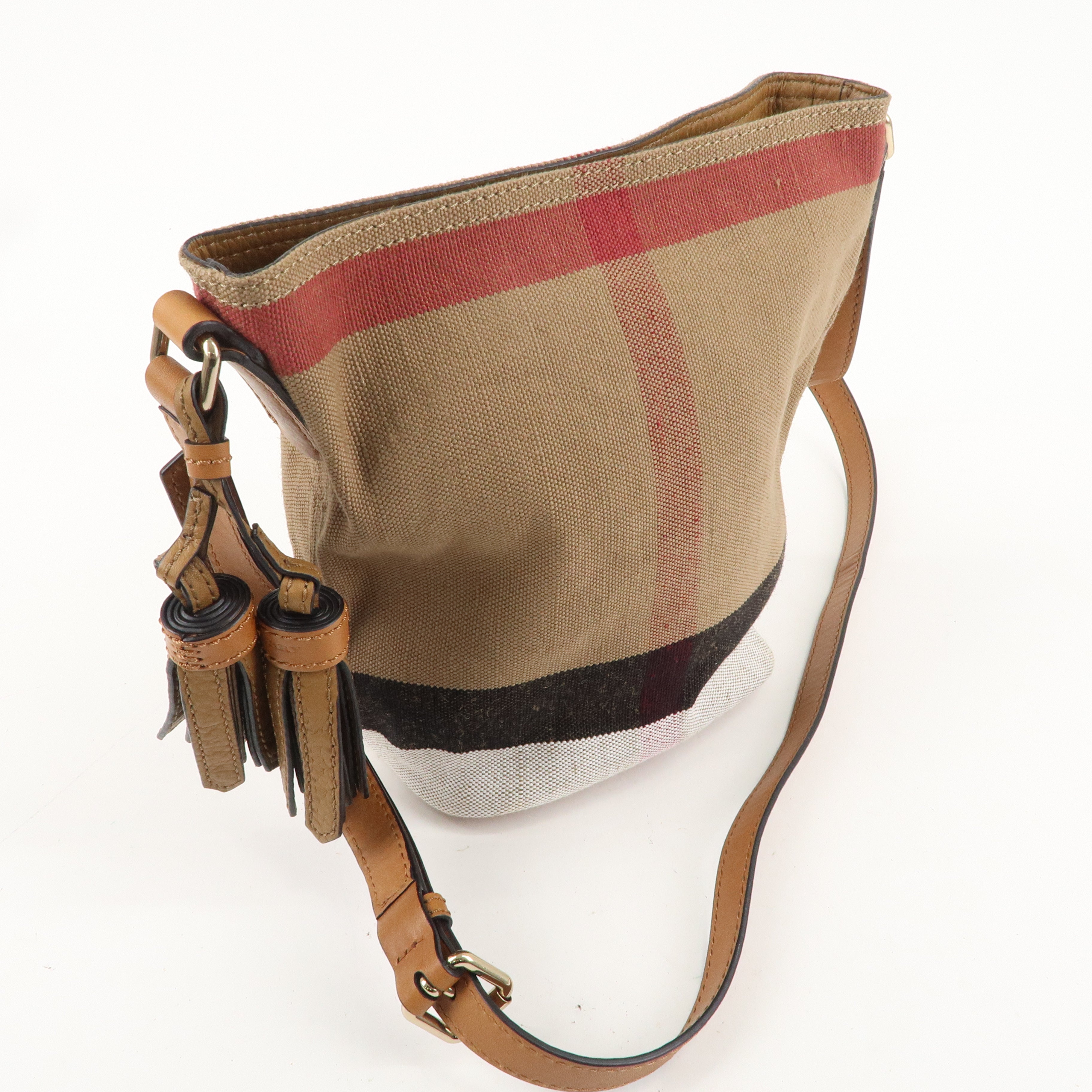 BURBERRY Canvas Leather Plaid Bucket Shoulder Bag Beige Brown