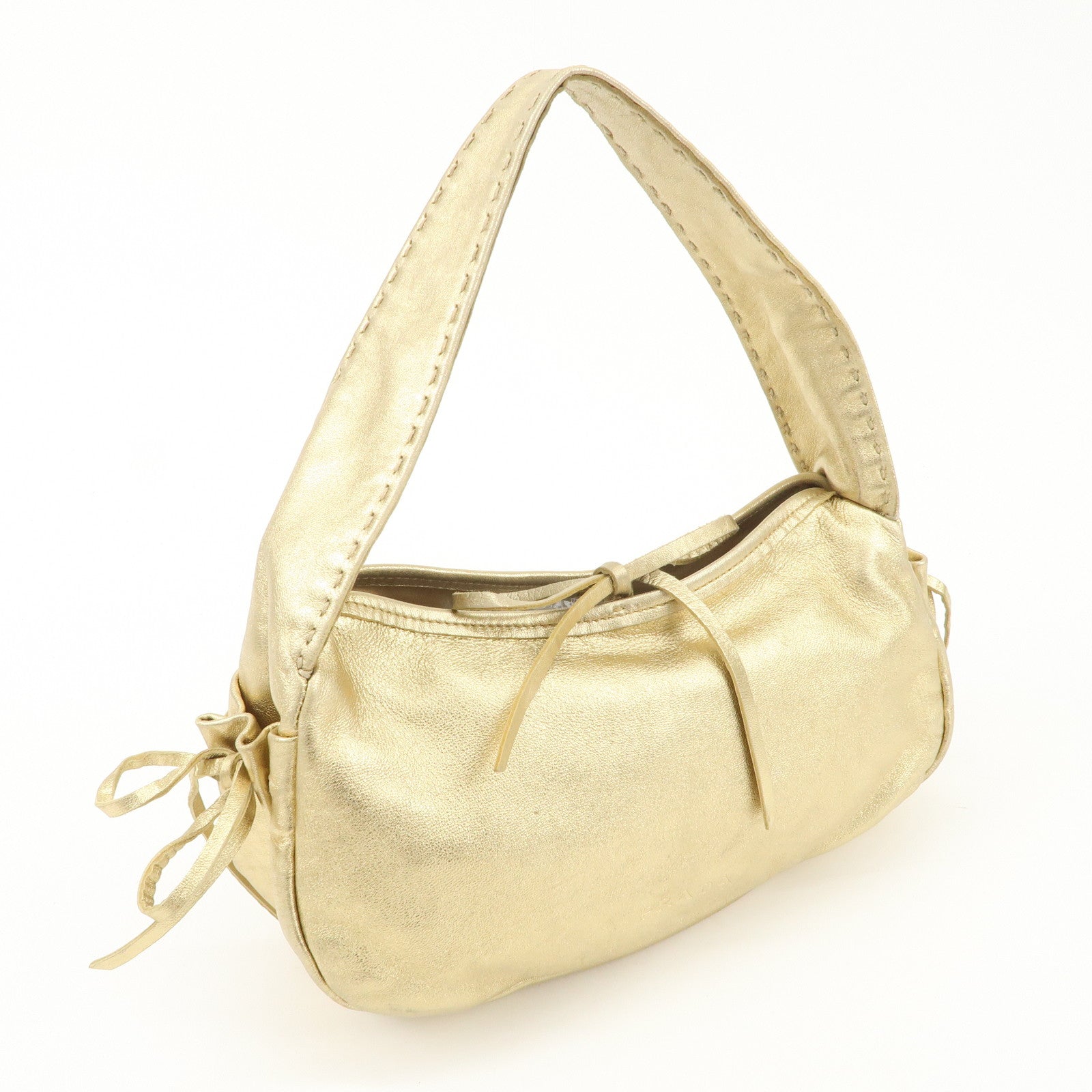 PRADA Leather Ribbon Hand Bag Shoulder Bag Gold Used