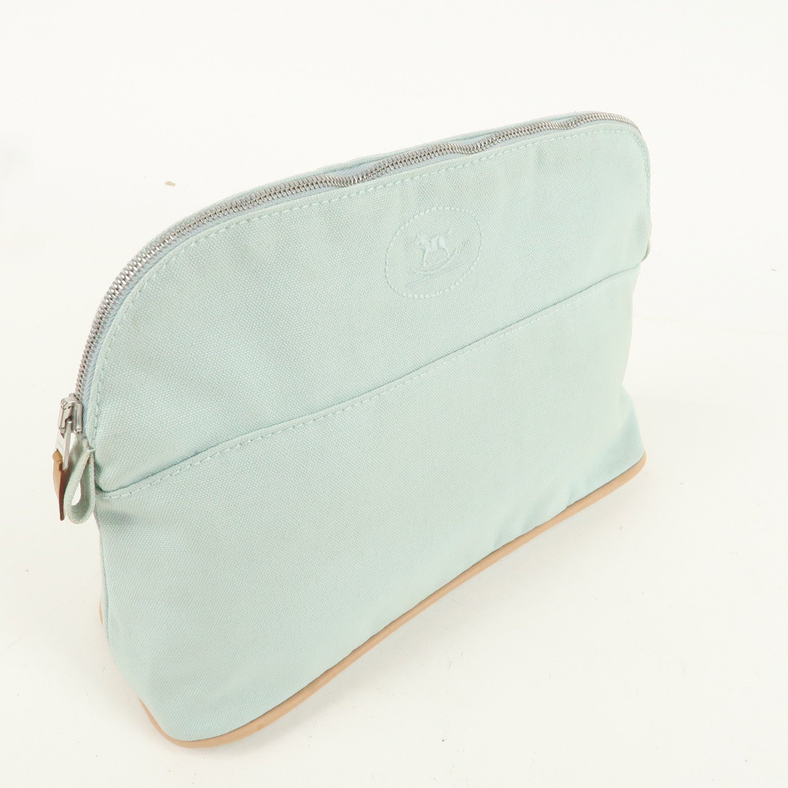 HERMES Canvas Leather Bolide Pouch MM Cosmetic Pouch Light Blue