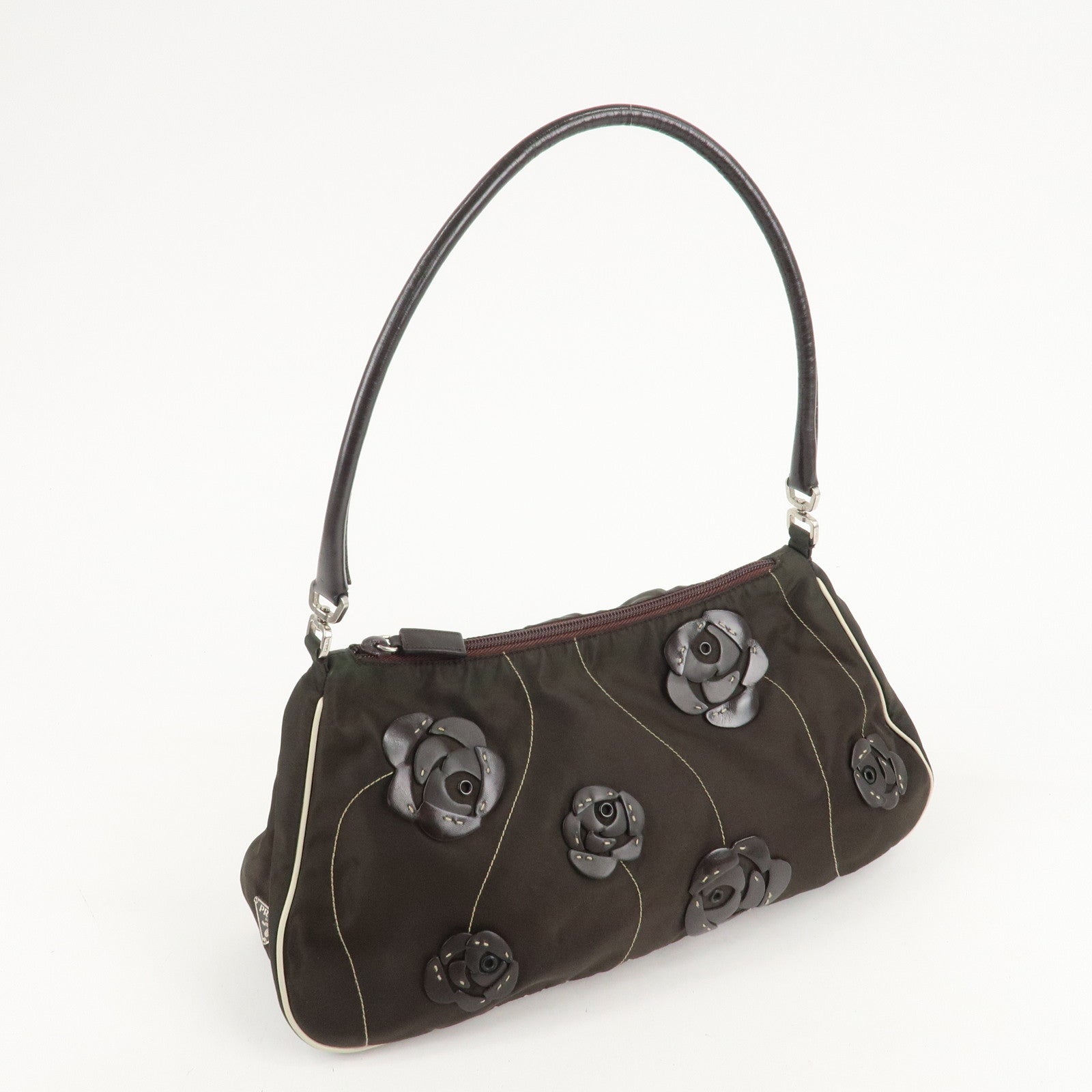 PRADA Nylon Leather Shoulder Bag Flower Motif Green Brown