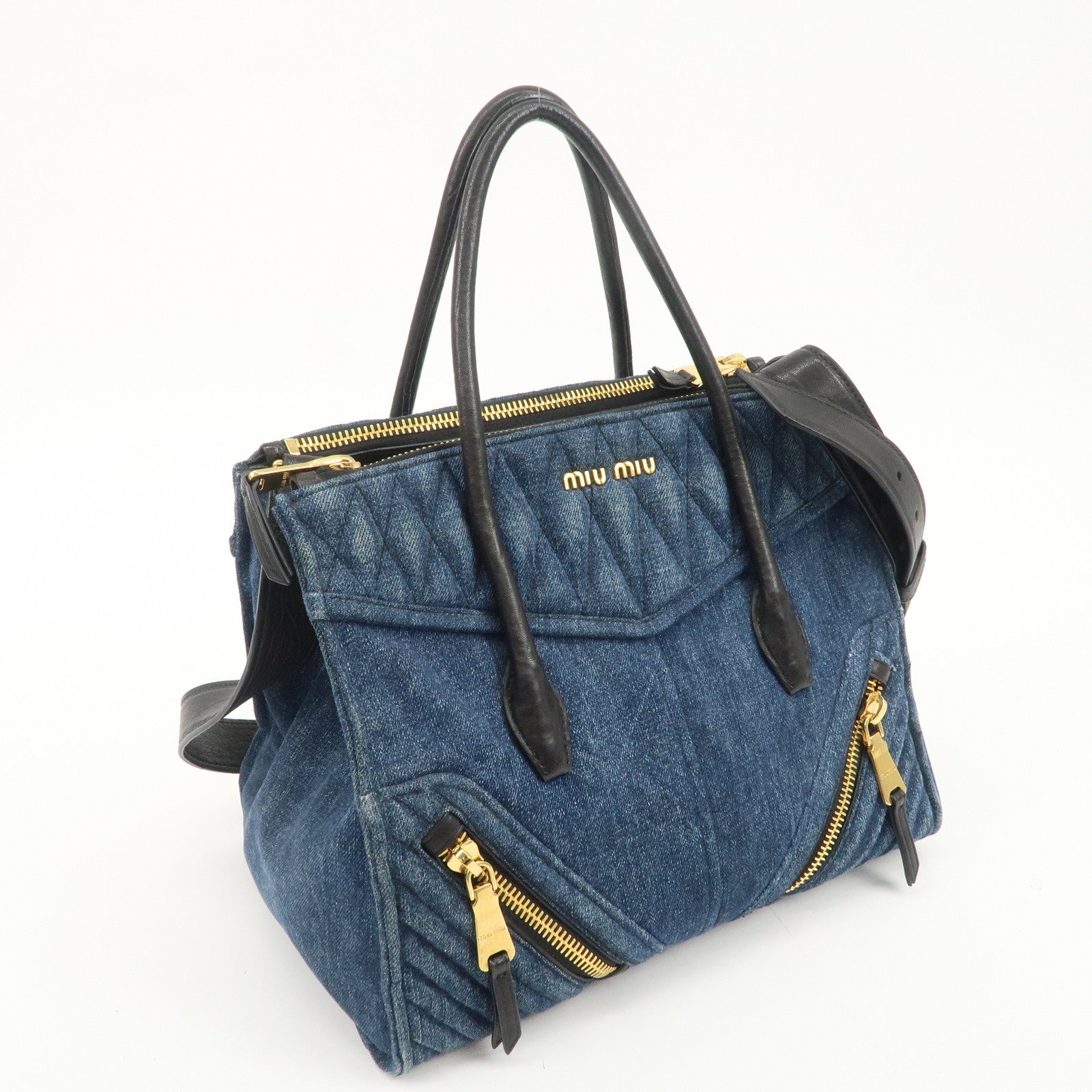 MIU MIU Denim Leather Biker 2WAY Bag Blue Black RN1031