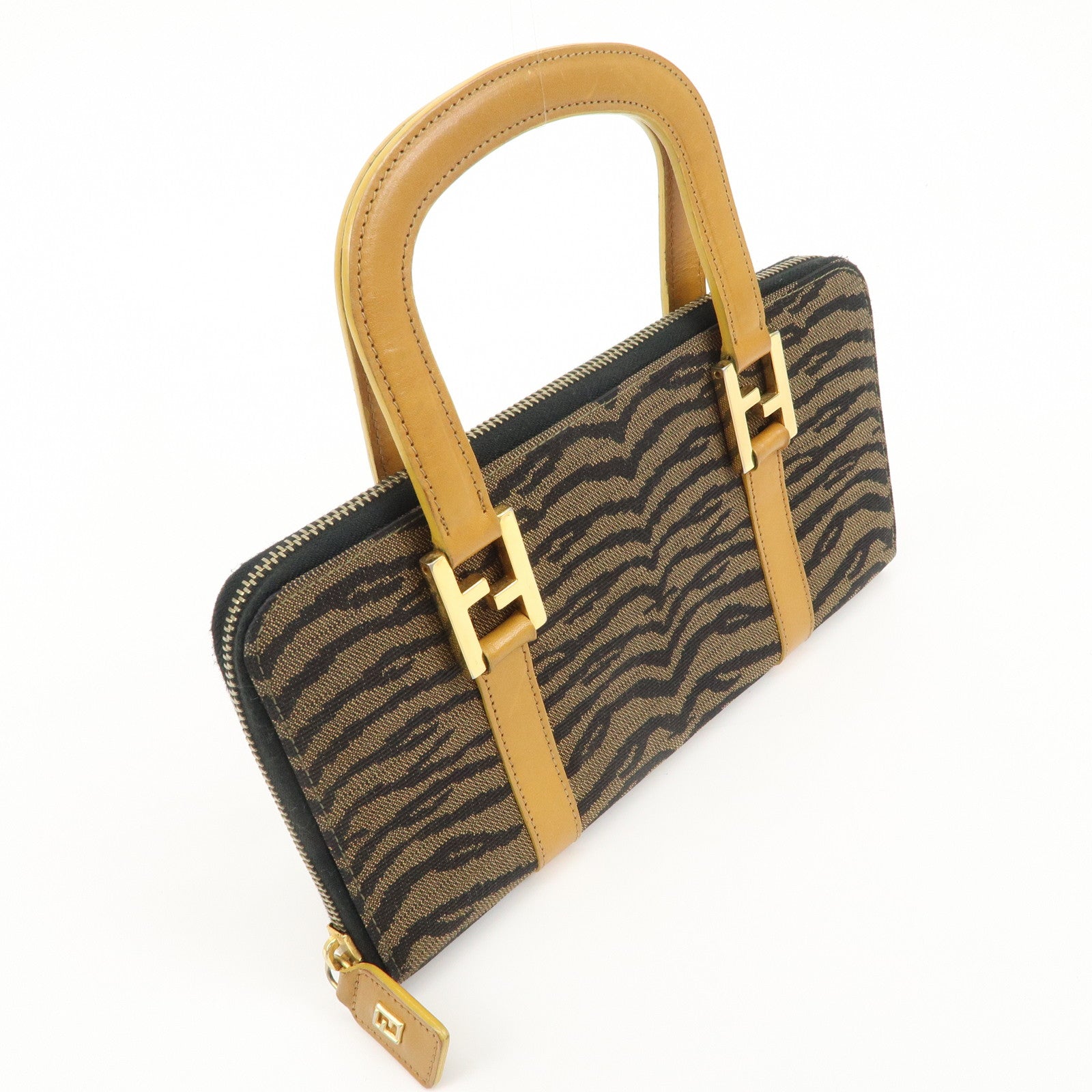 FENDI Canvas Leather Angora Hand Bag Zebra Brown Black 26347 Used