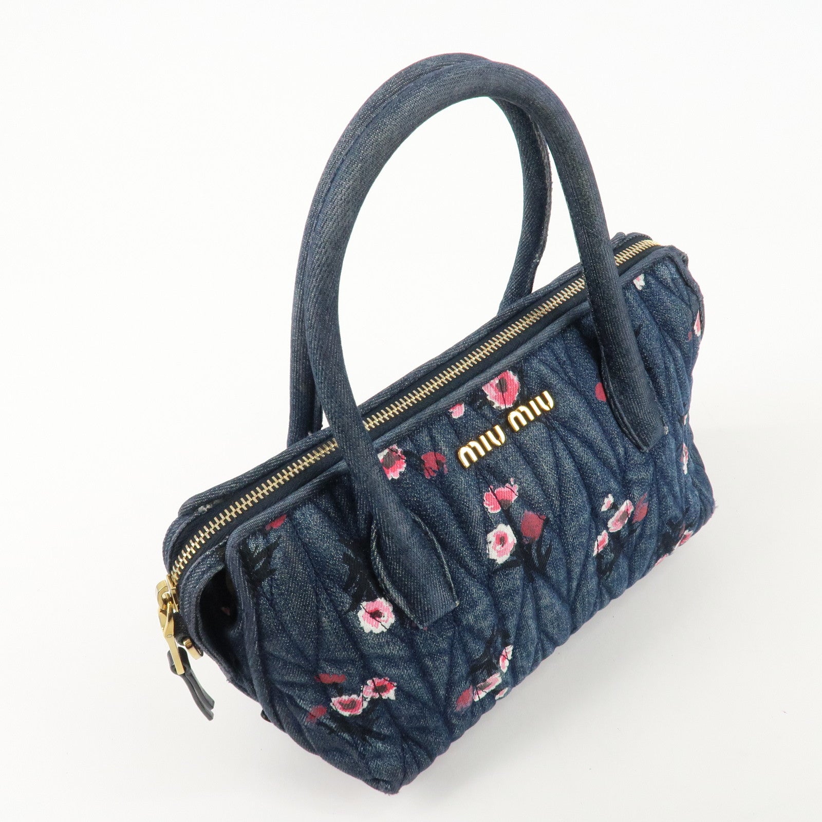 MIU MIU Matelasse Denim Leather 2Way Bag Hand Bag Flower 5BB020 Used