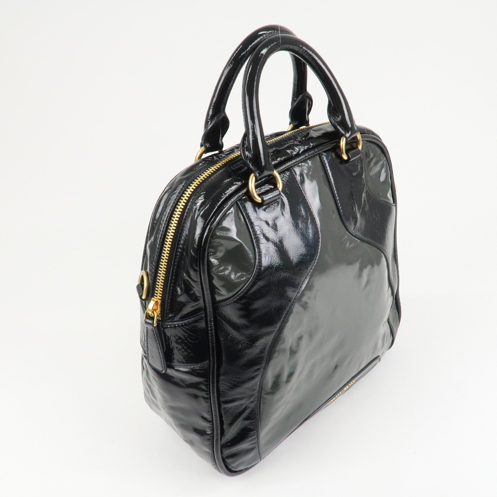 MIU MIU Patent Leather Enamel 2Way Boston Bag Black Gray Used