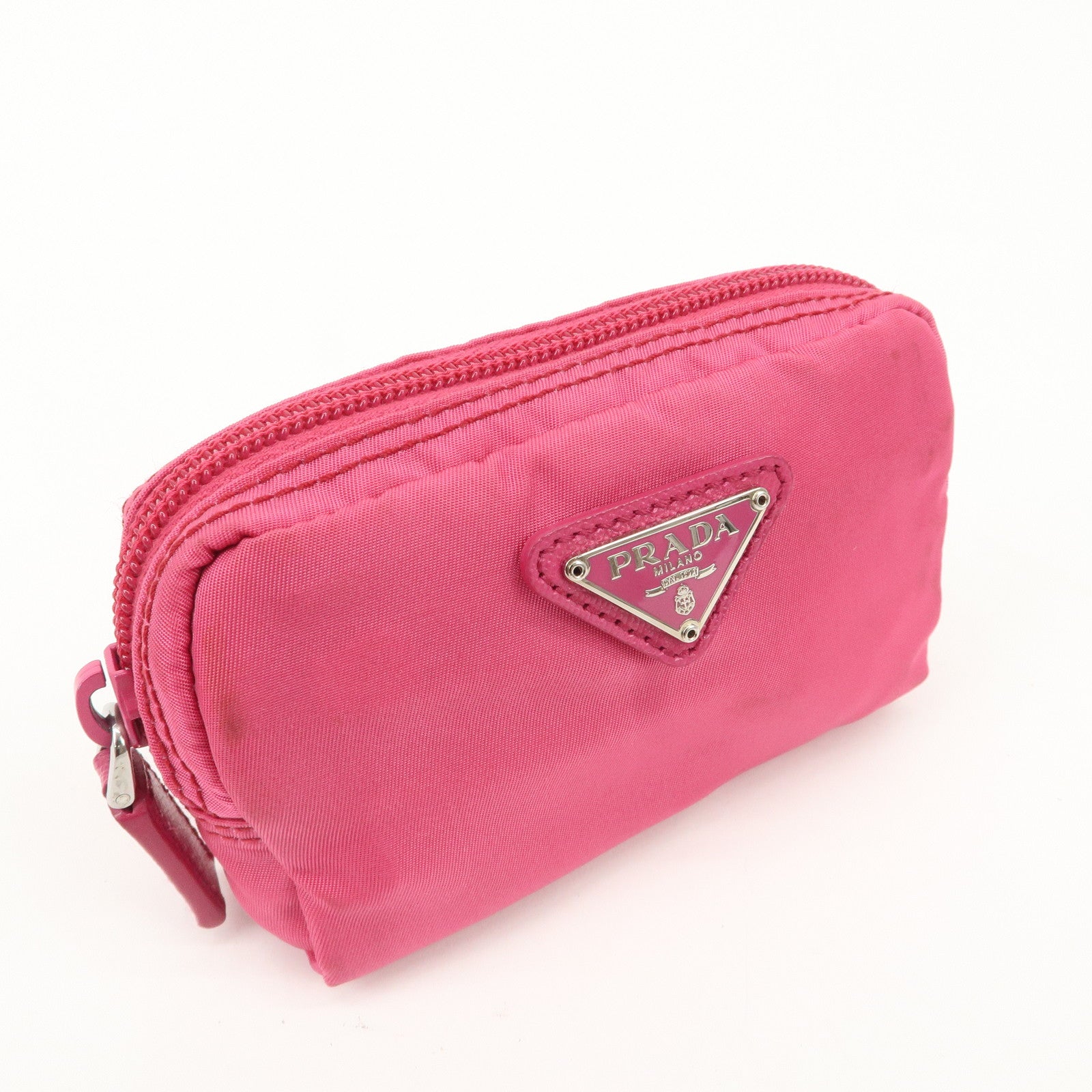 PRADA Logo Nylon Leather Pouch Cosmetic Pouch Pink Silver HDW