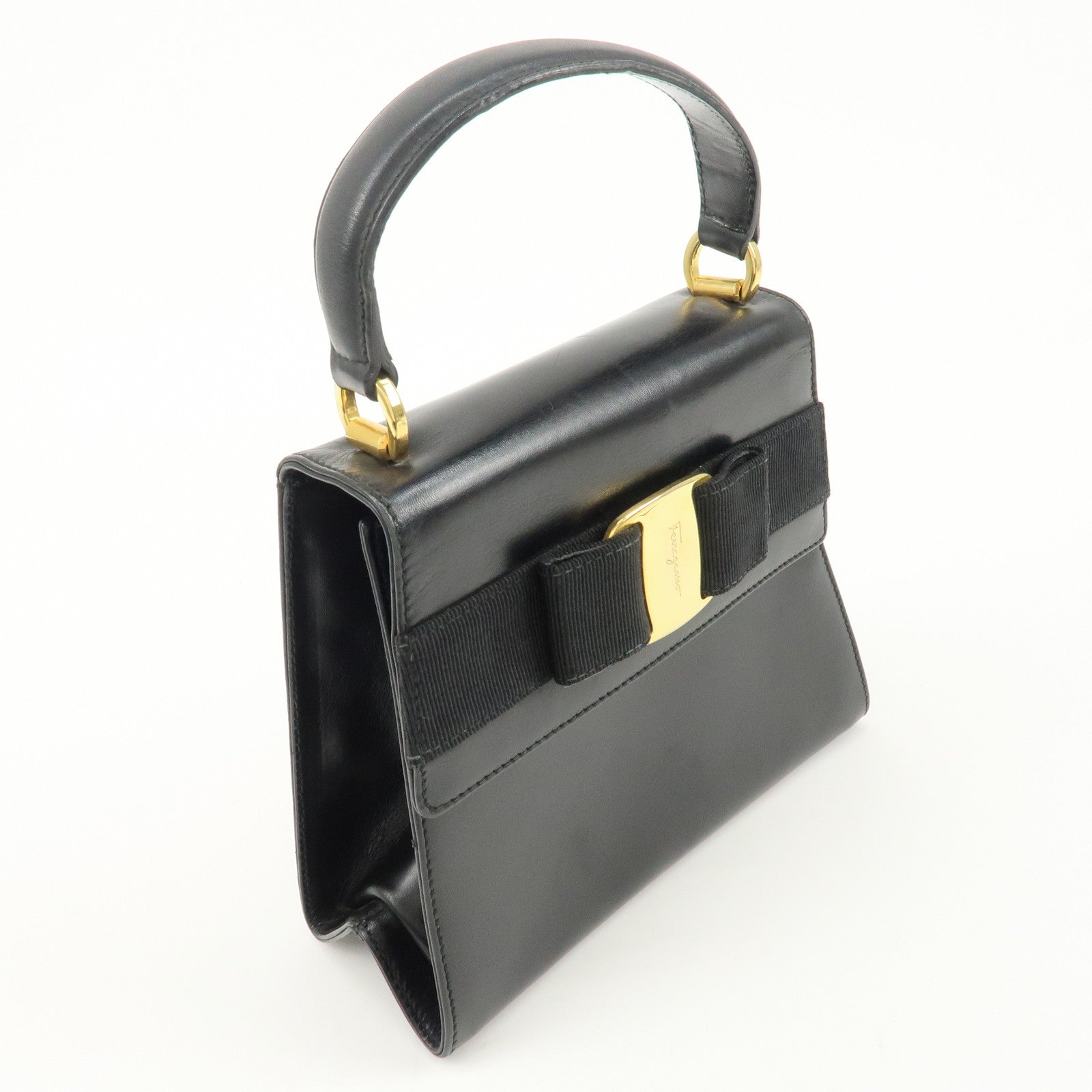 Ferragamo Vara Ribbon Leather Small Hand Bag Black