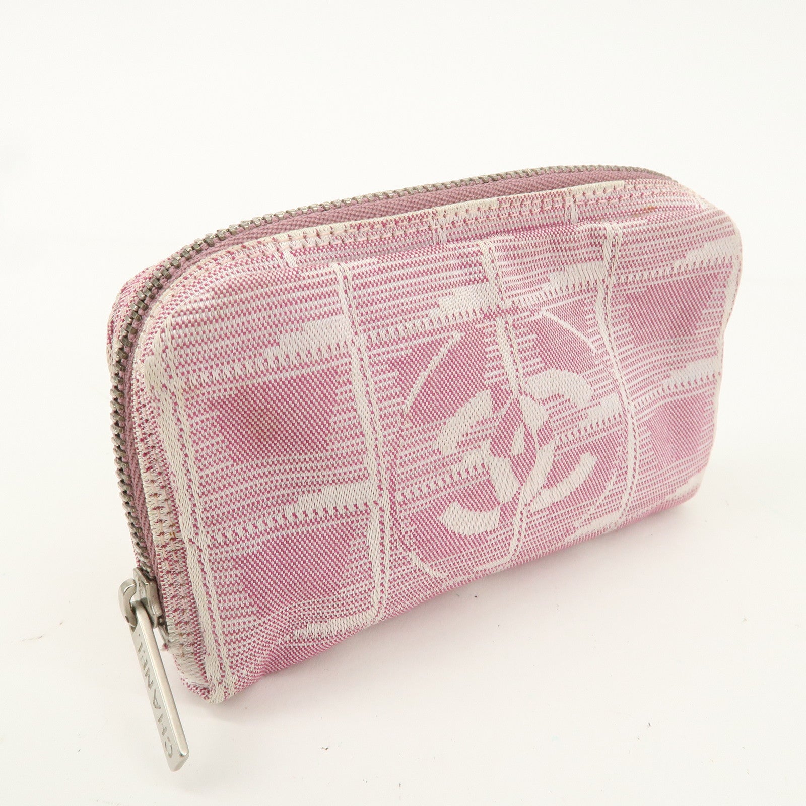 CHANEL New Travel Line Nylon Jacquard Leather Pouch Pink