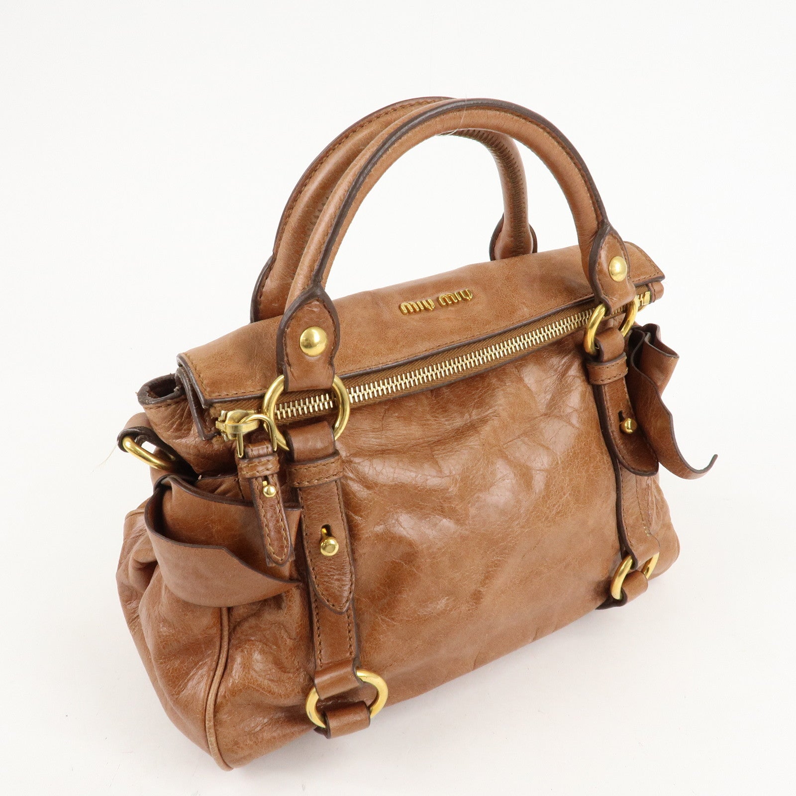 MIU MIU Leather Ribbon Shoulder Hand Bag Brown Used