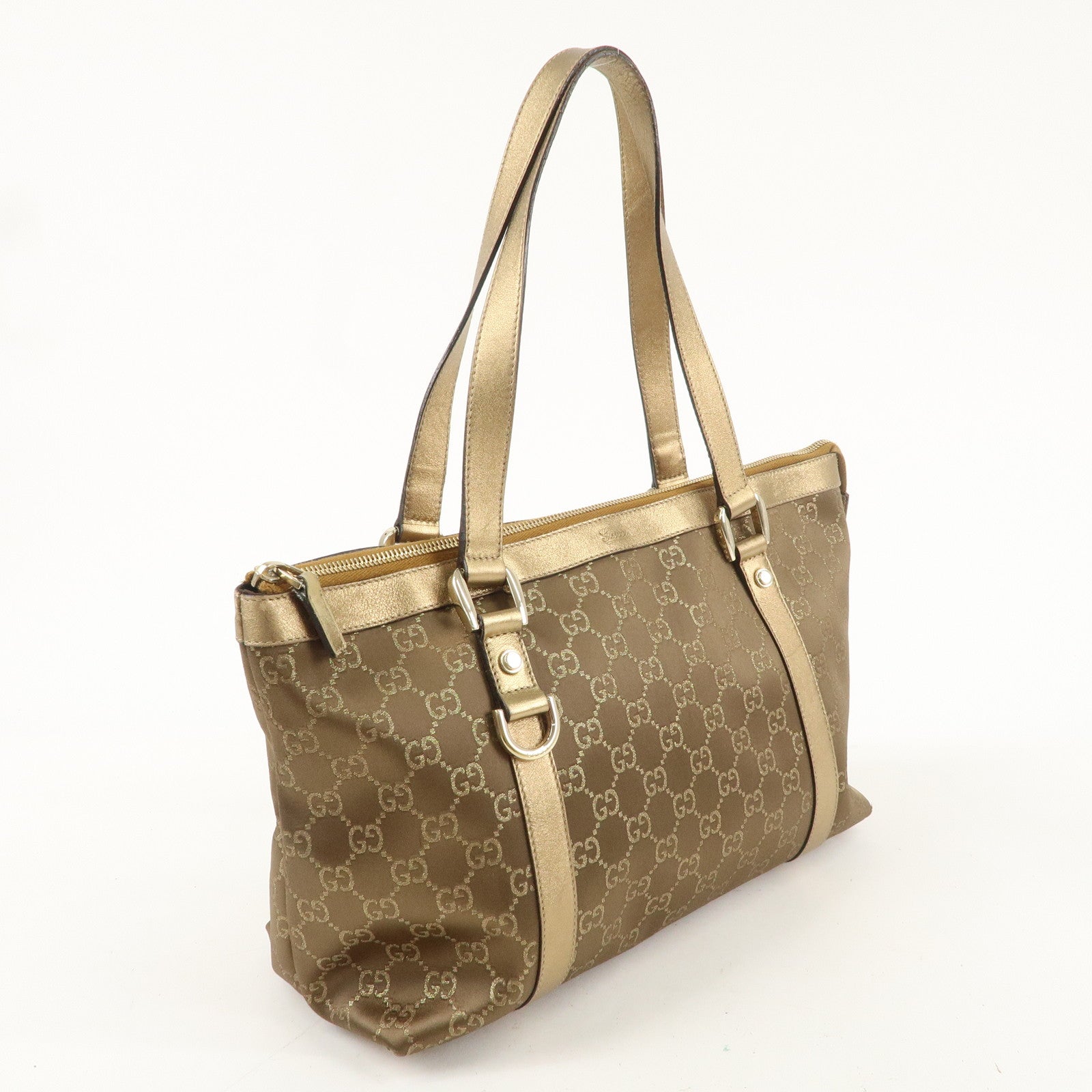 GUCCI Abbey GG Satin Nylon Leather Tote Bag Brown Gold 171470