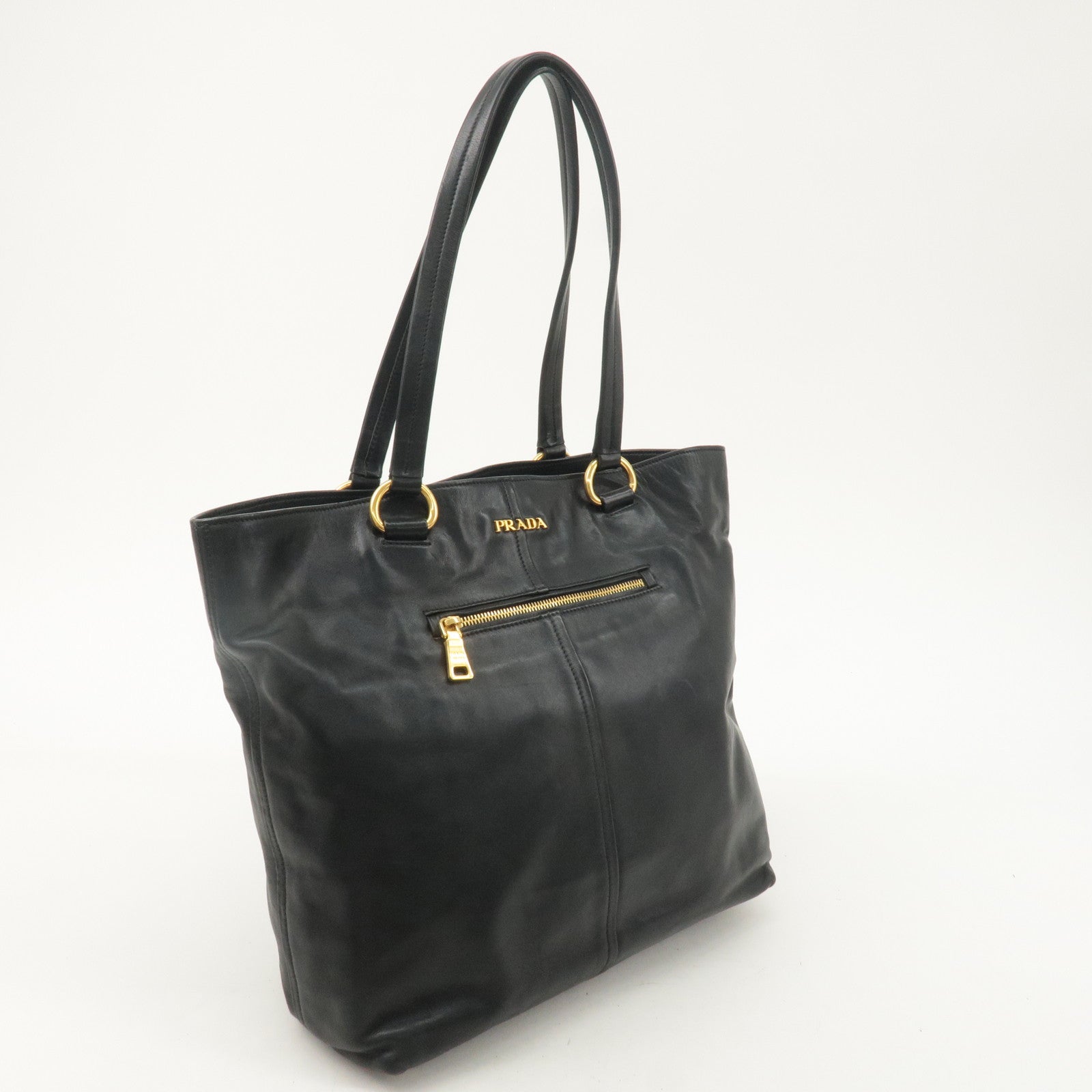 PRADA Logo Leather Tote Bag Shoulder Bag Black Gold Hardware