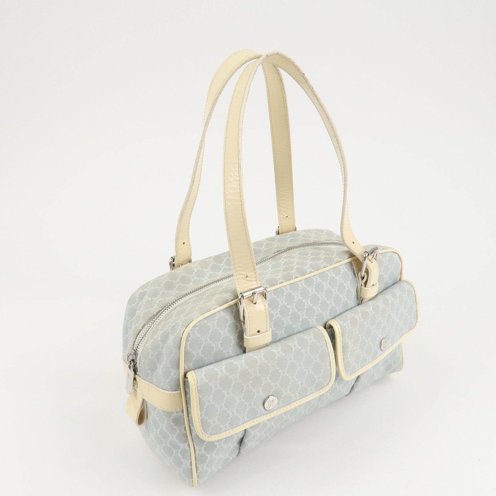 CELINE Macadam Canvas Patent Leather Boston Bag Blue Ivory Used