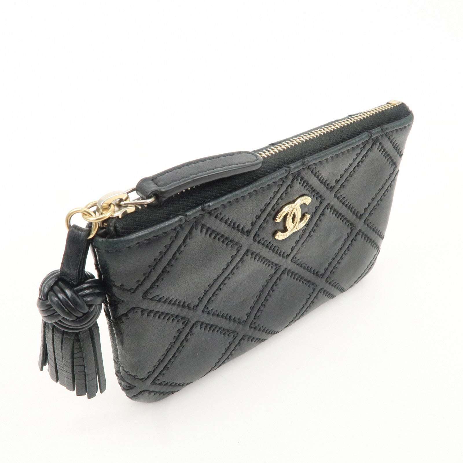 CHANEL Lamb Skin COCO Mark Double Stitch Pouch Black Used