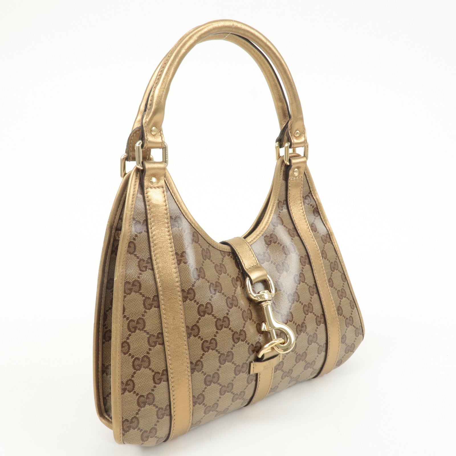 GUCCI GG Crystal Leather Hand Bag Beige Gold 203495