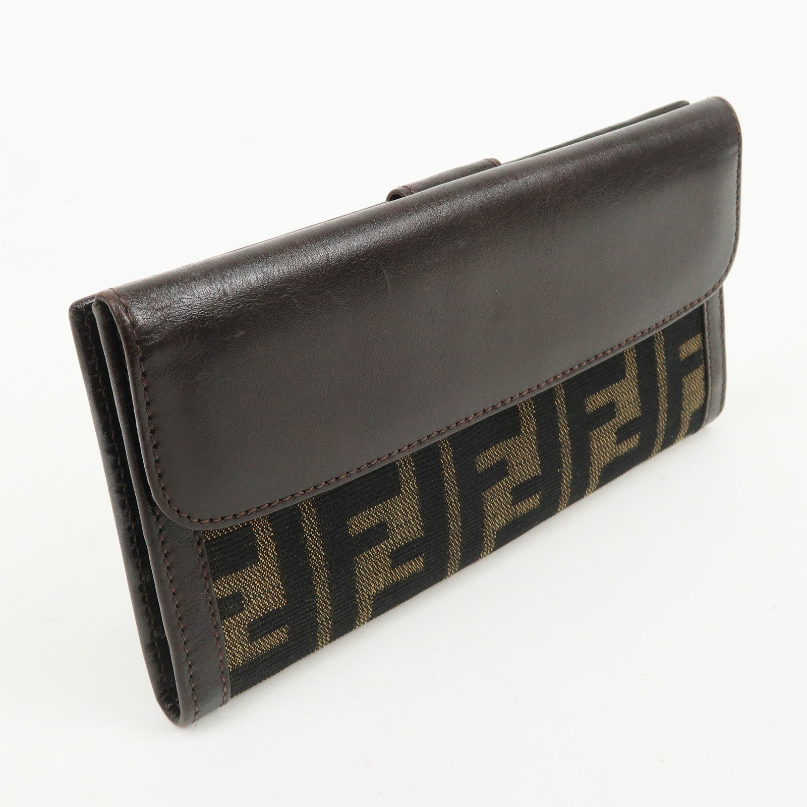 FENDI Zucca Canvas Leather W Hook Long Wallet Brown 1339