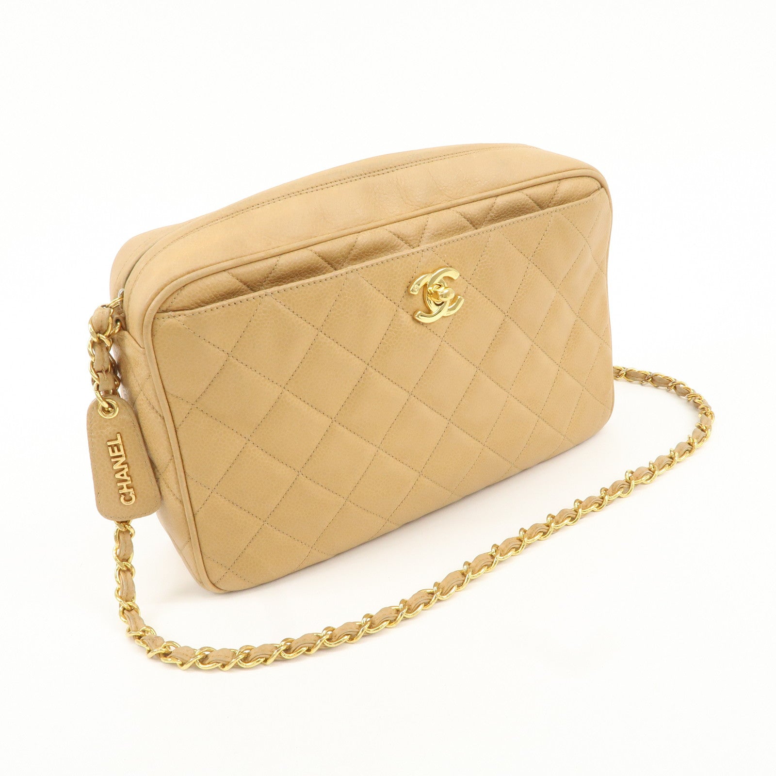 CHANEL Caviar Skin Coco Mark Chain Shoulder Bag Beige Gold Used