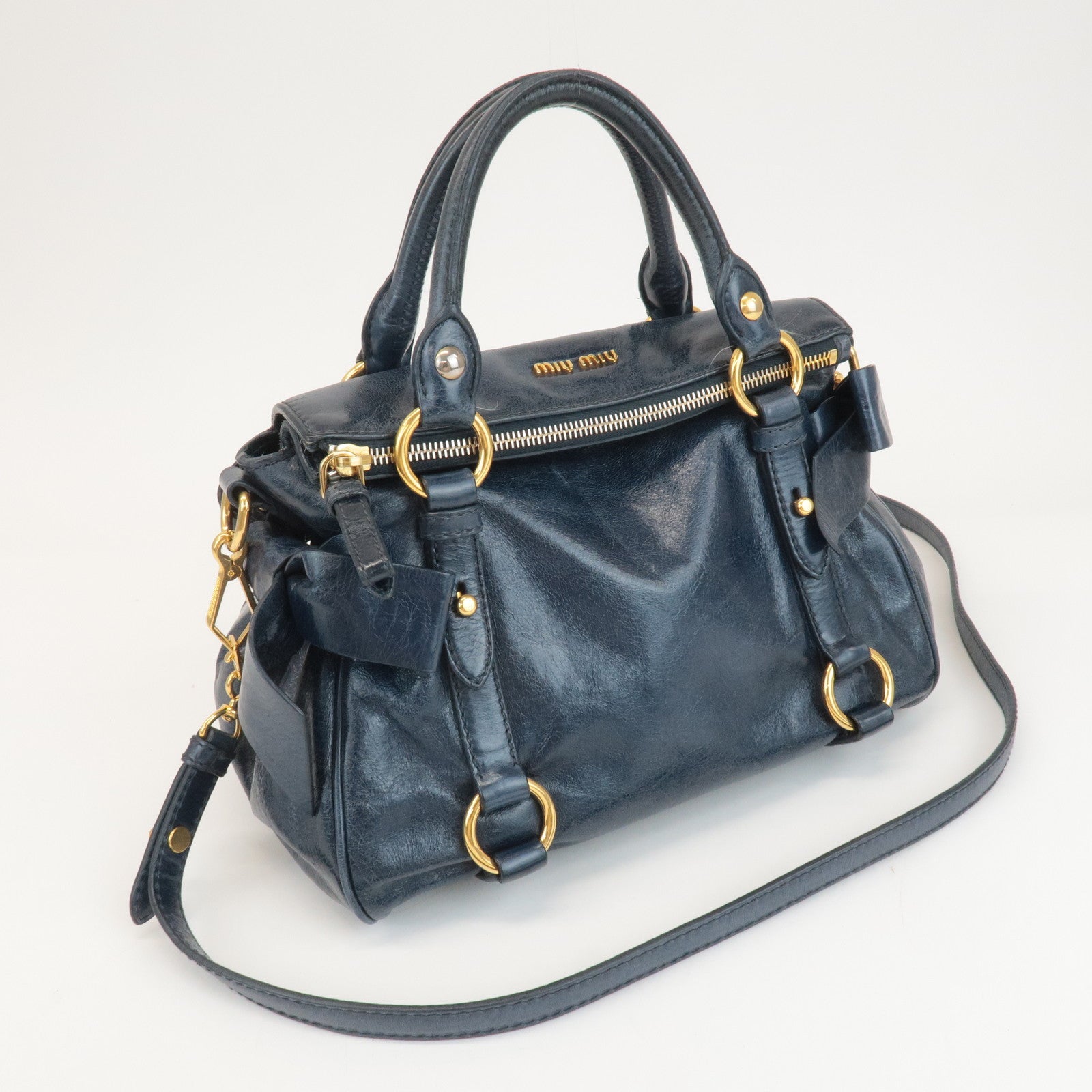 MIU MIU Ribbon Leather 2Way Shouder Bag Hand Bag Navy Used