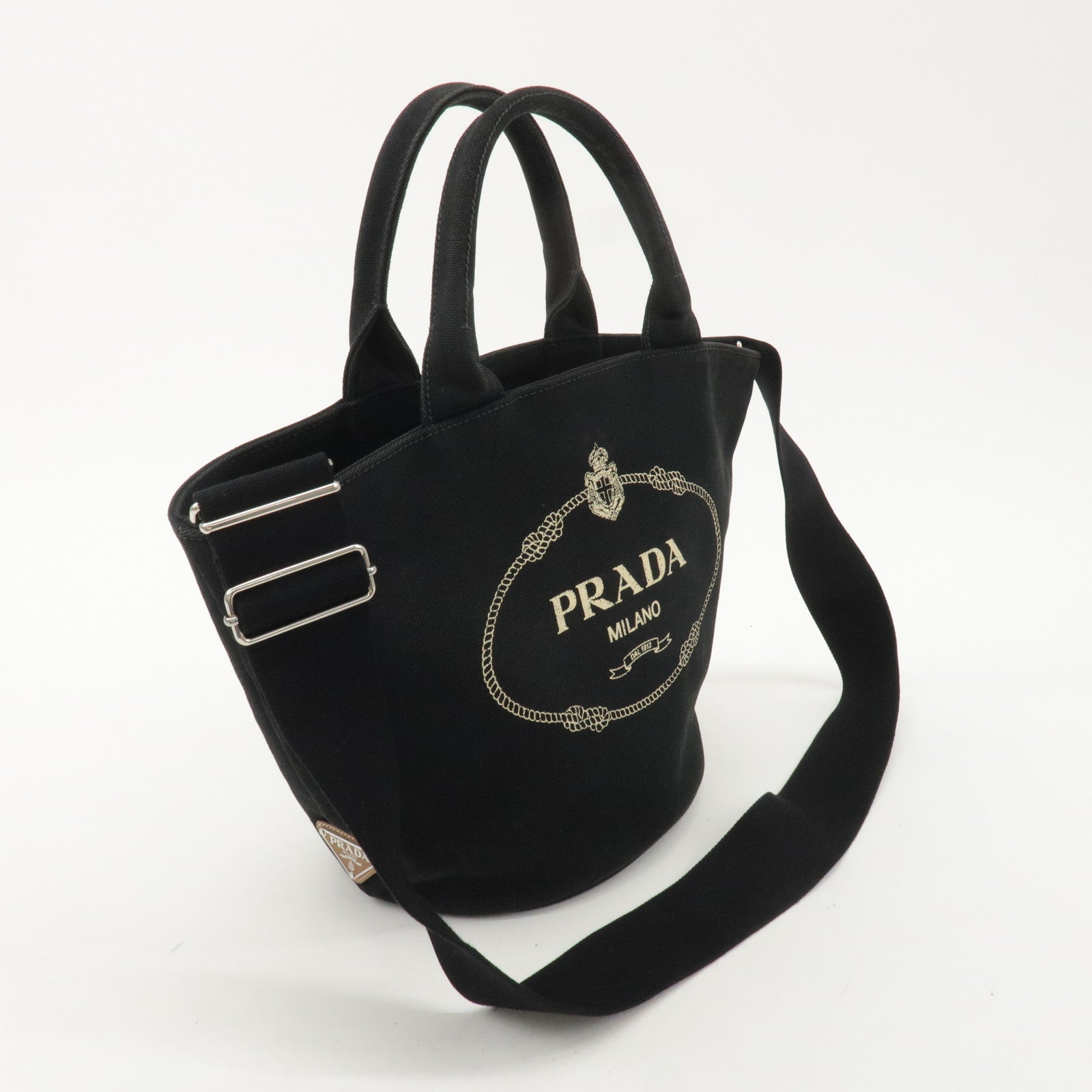 PRADA Logo Canapa Canvas Leather 2Way Bucket Bag Black 1BG163