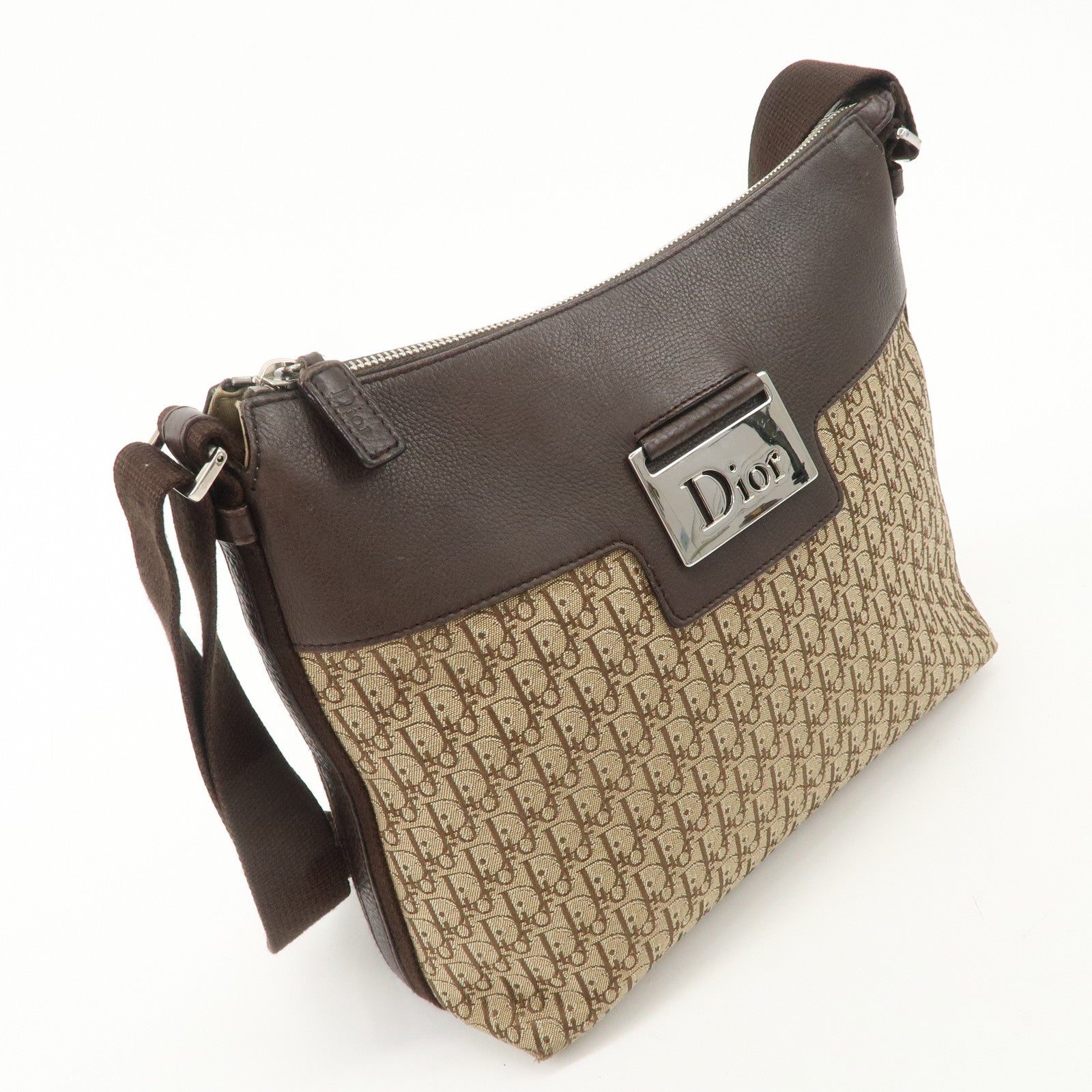 Christian Dior Trotter Canvas Leather Shoulder Bag Beige Brown