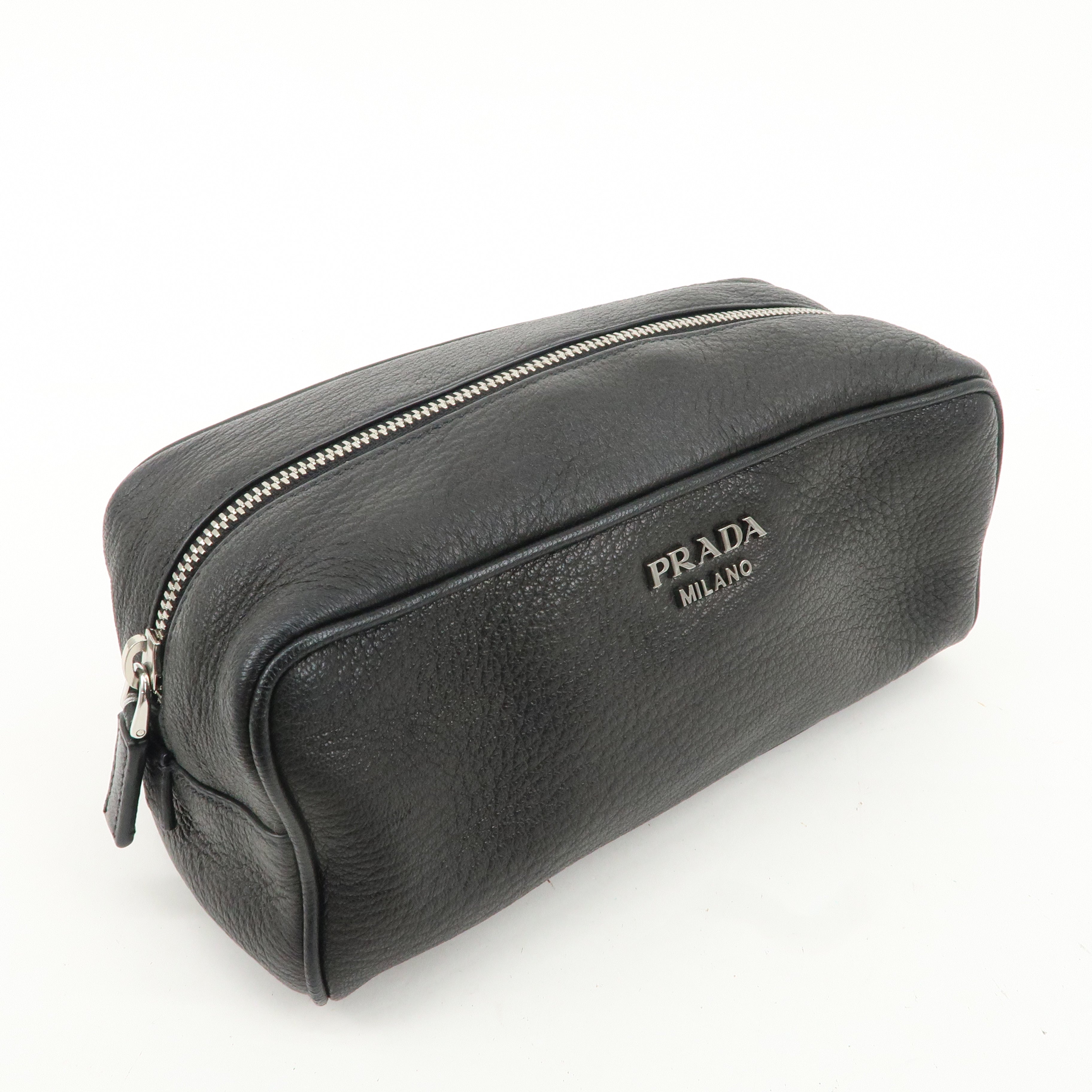 PRADA Logo Leather Pouch Cosmetic Pouch Black Silver HDW