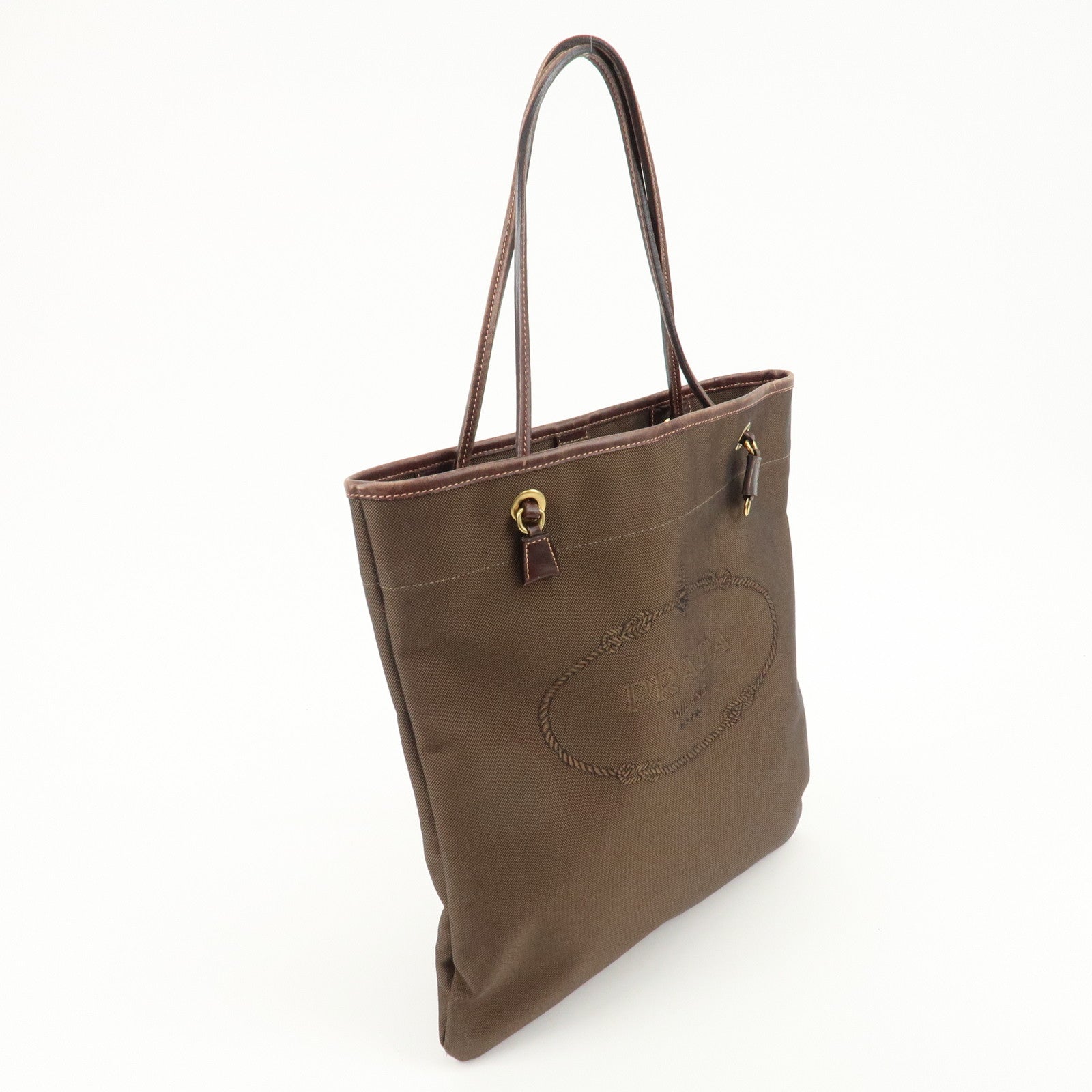 PRADA Logo Jaquard Leather Tote Bag Hand Bag Brown