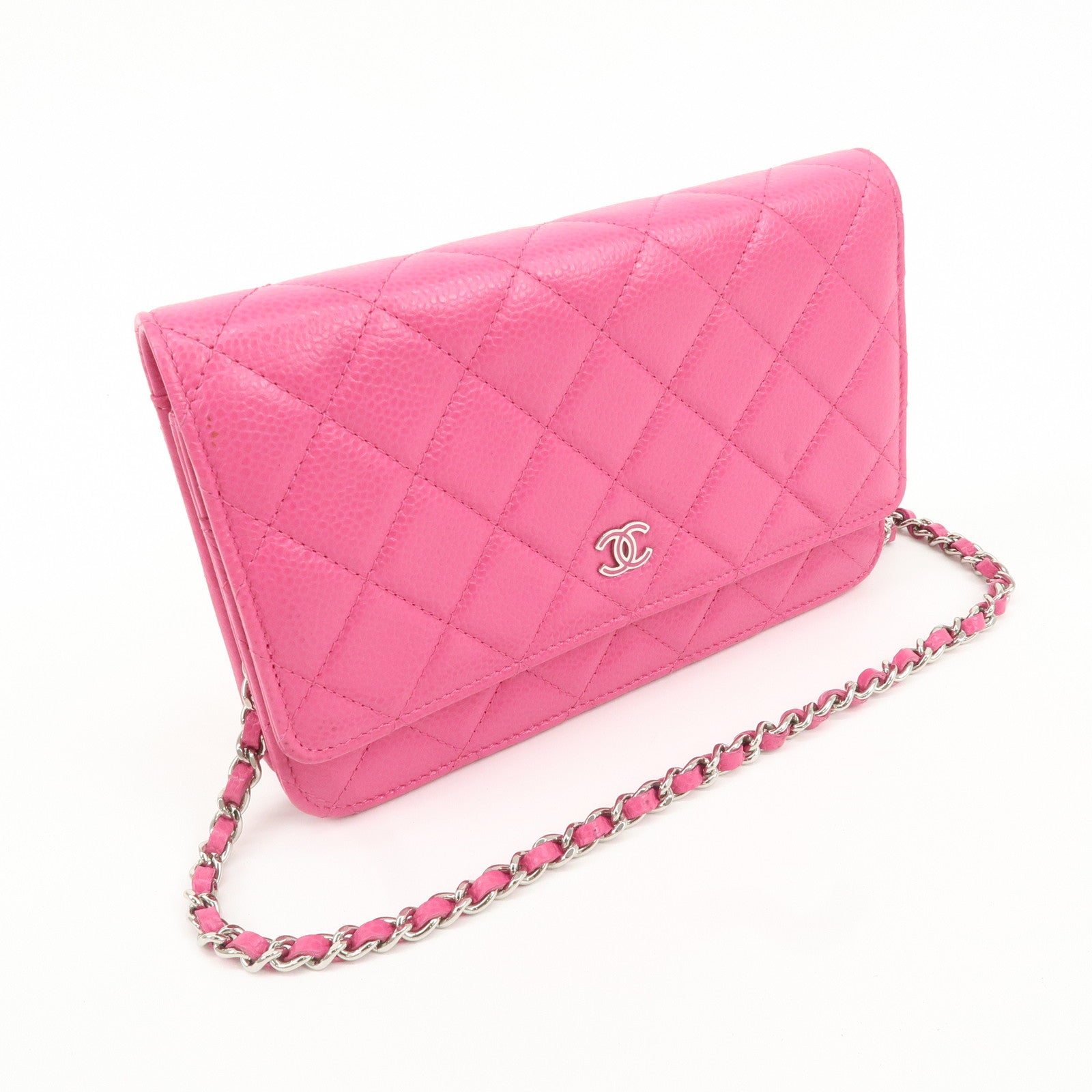 CHANEL Matelasse Caviar Skin Chain Wallet Purse Pink Silver AP0250 Used