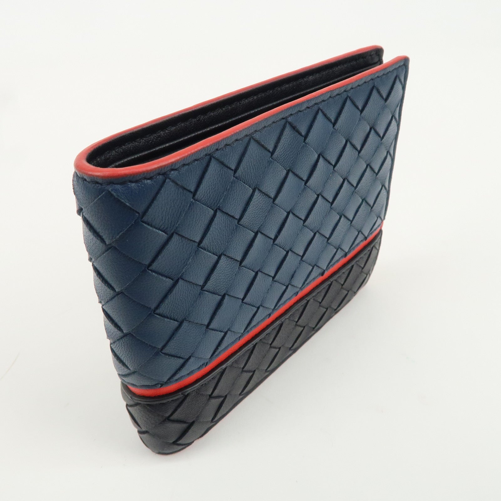 BOTTEGA VENETA Intrecciato Leather Bi-fold Wallet Bicolor Navy Red