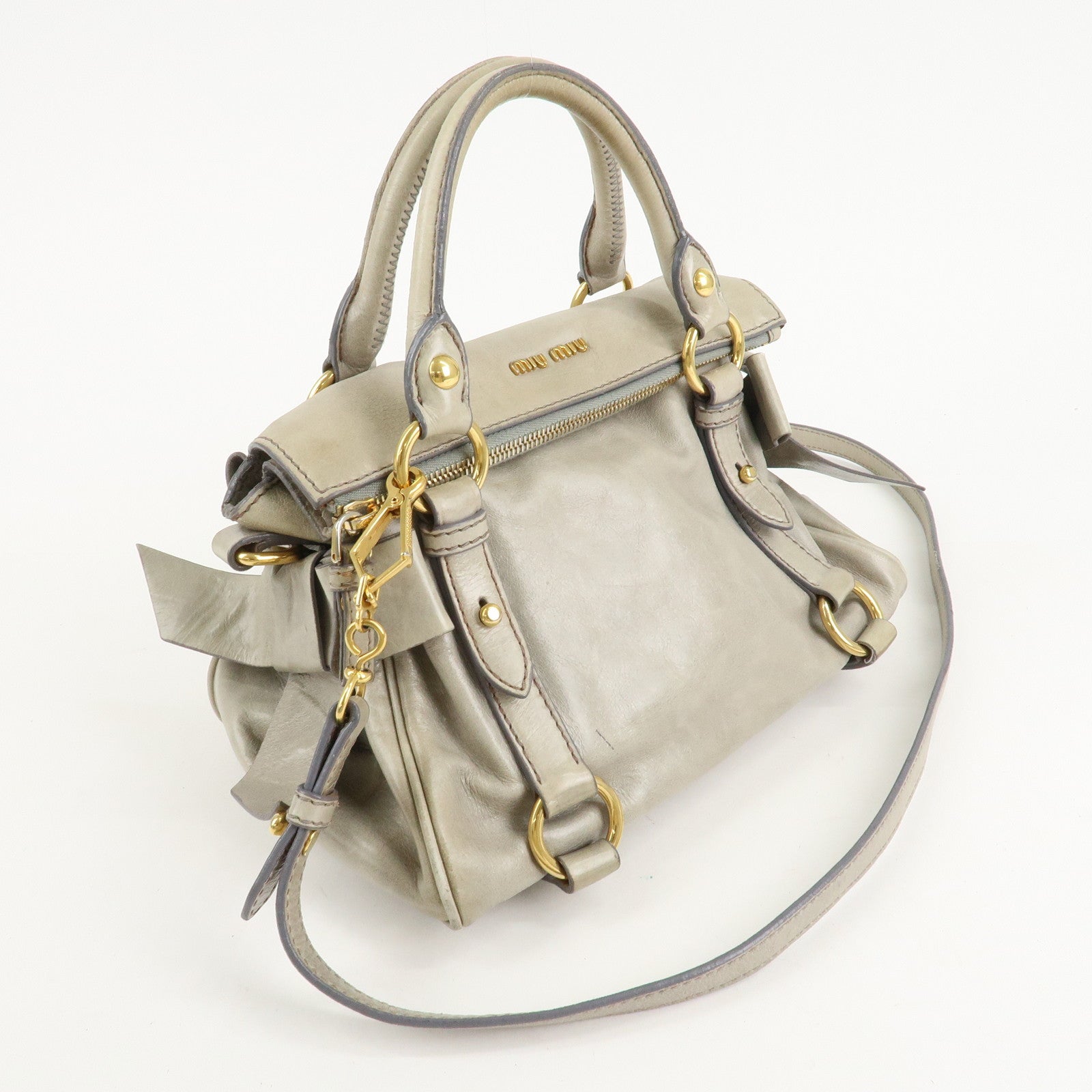 MIU MIU Leather 2Way Bag Hand Bag Shoulder Bag Beige RT0438 Used