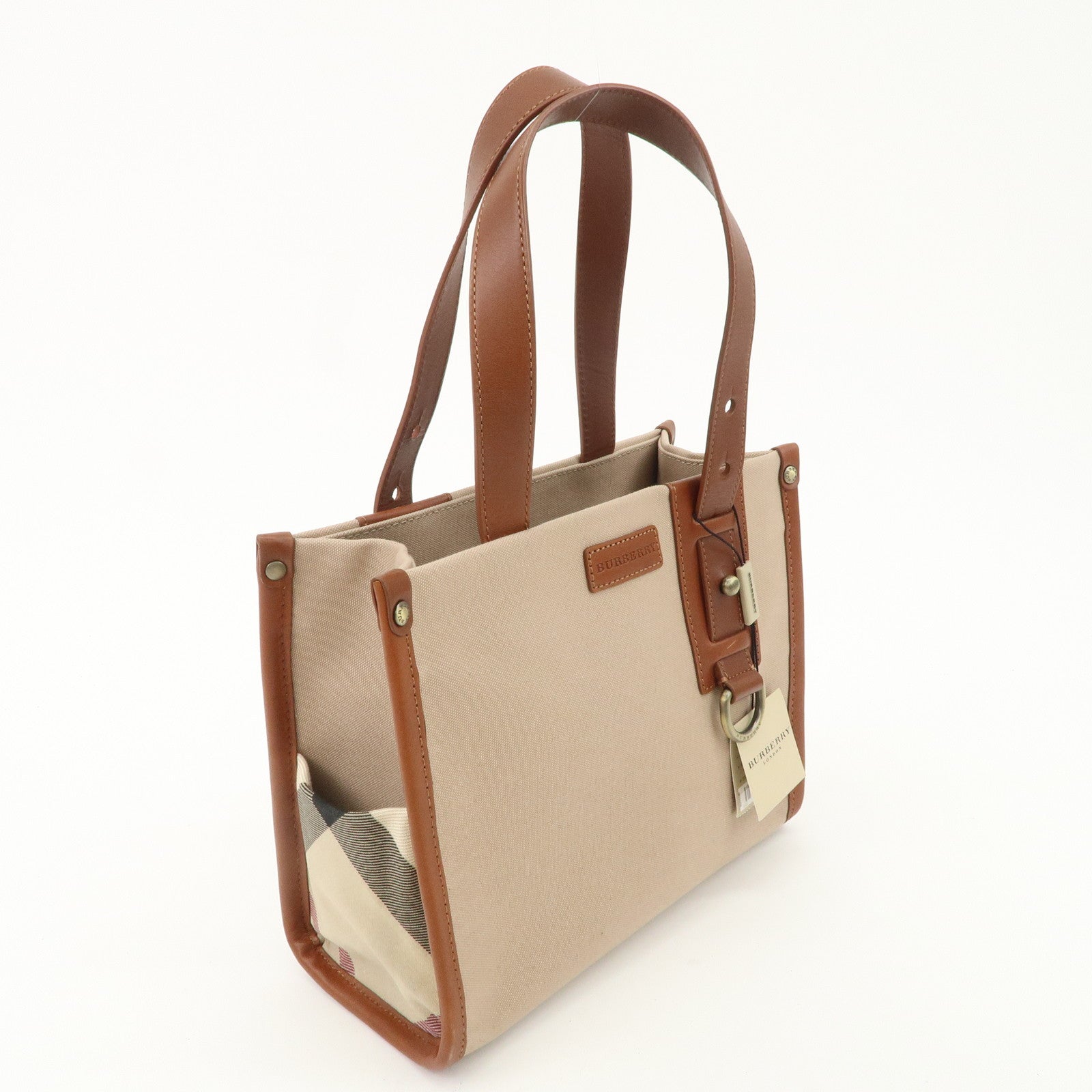 BURBERRY Leather Canvas Tote Bag Hand Bag Beige Brown