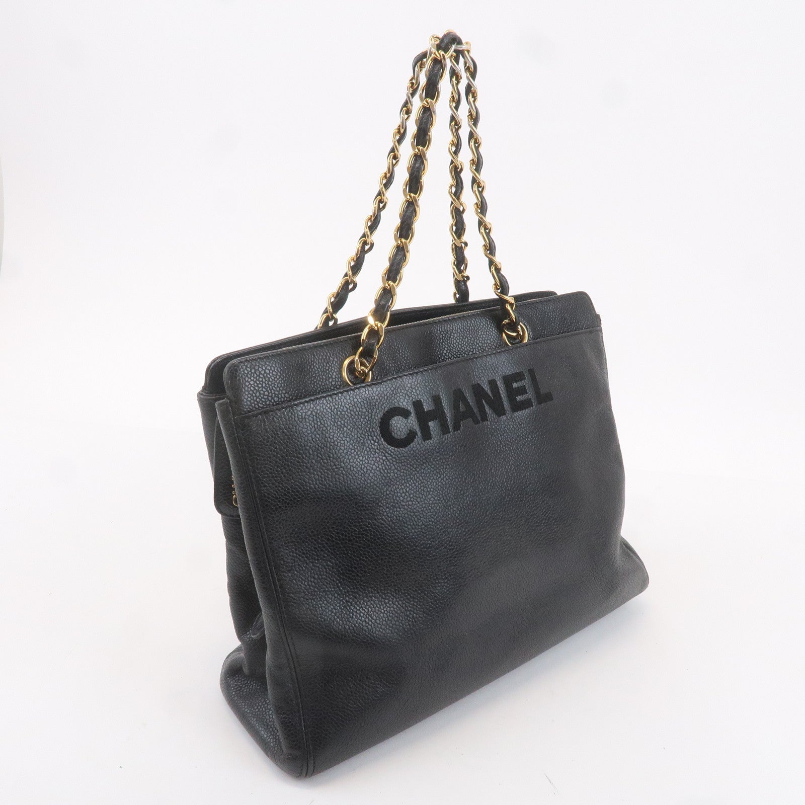 CHANEL Caviar Skin Chain Tote Bag Black Gold 5088083