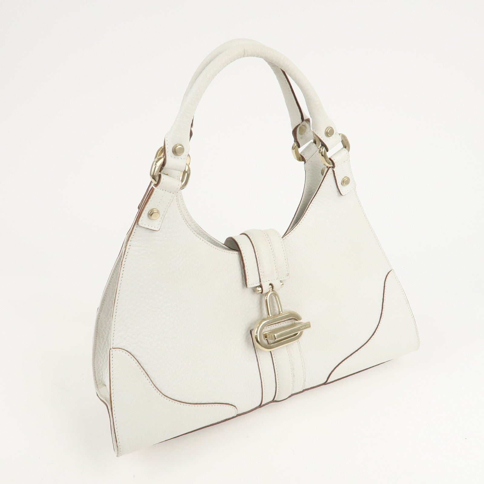 GUCCI Leather Shoulder Bag Hand Bag White Gold HDW 130995 Used