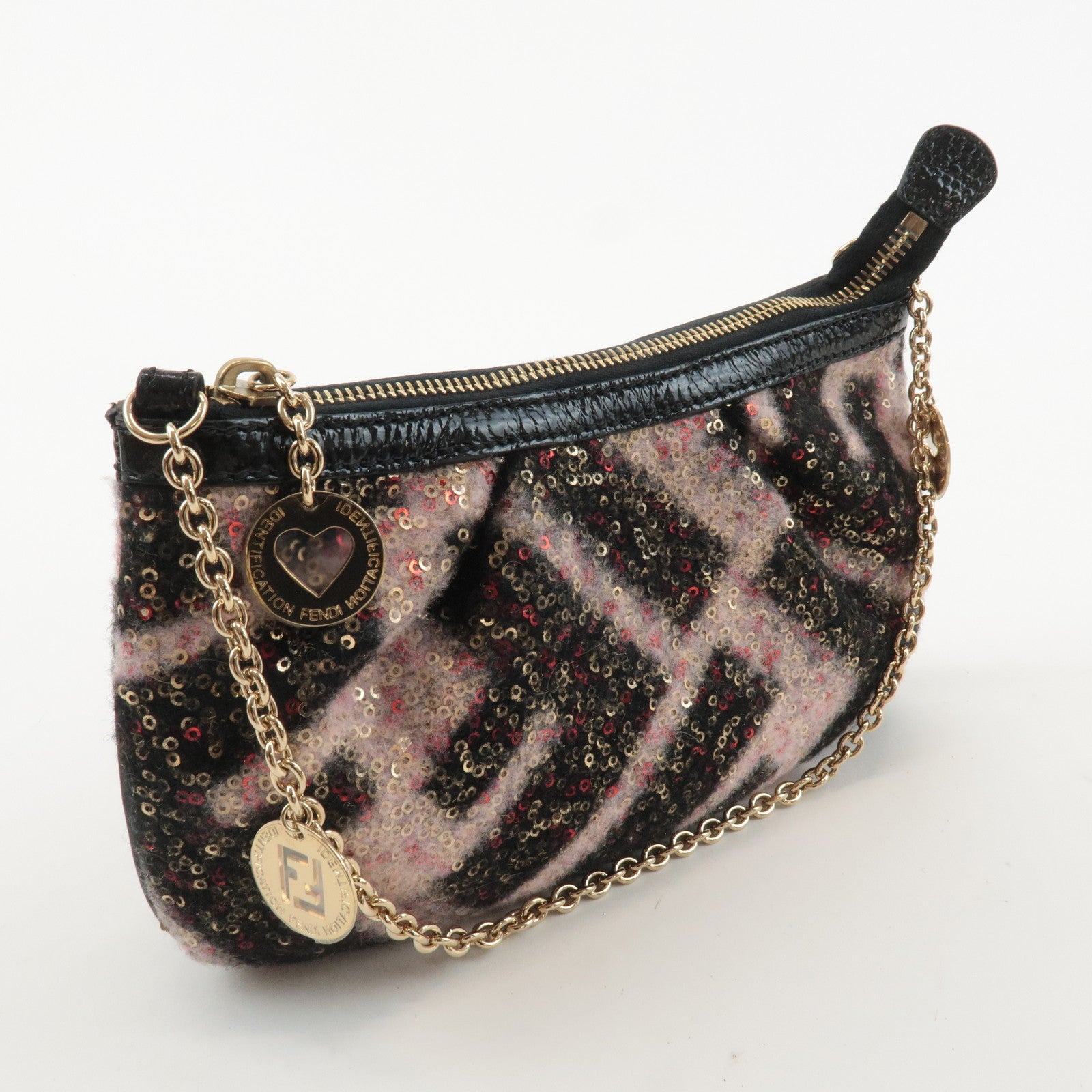 FENDI Zucca Sequins Chain Accessory Pouch Black Pink 8BR594