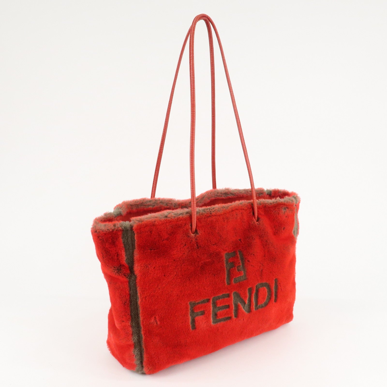 FENDI Leather Fake Fur Shoulder Bag Tote Bag Red Used