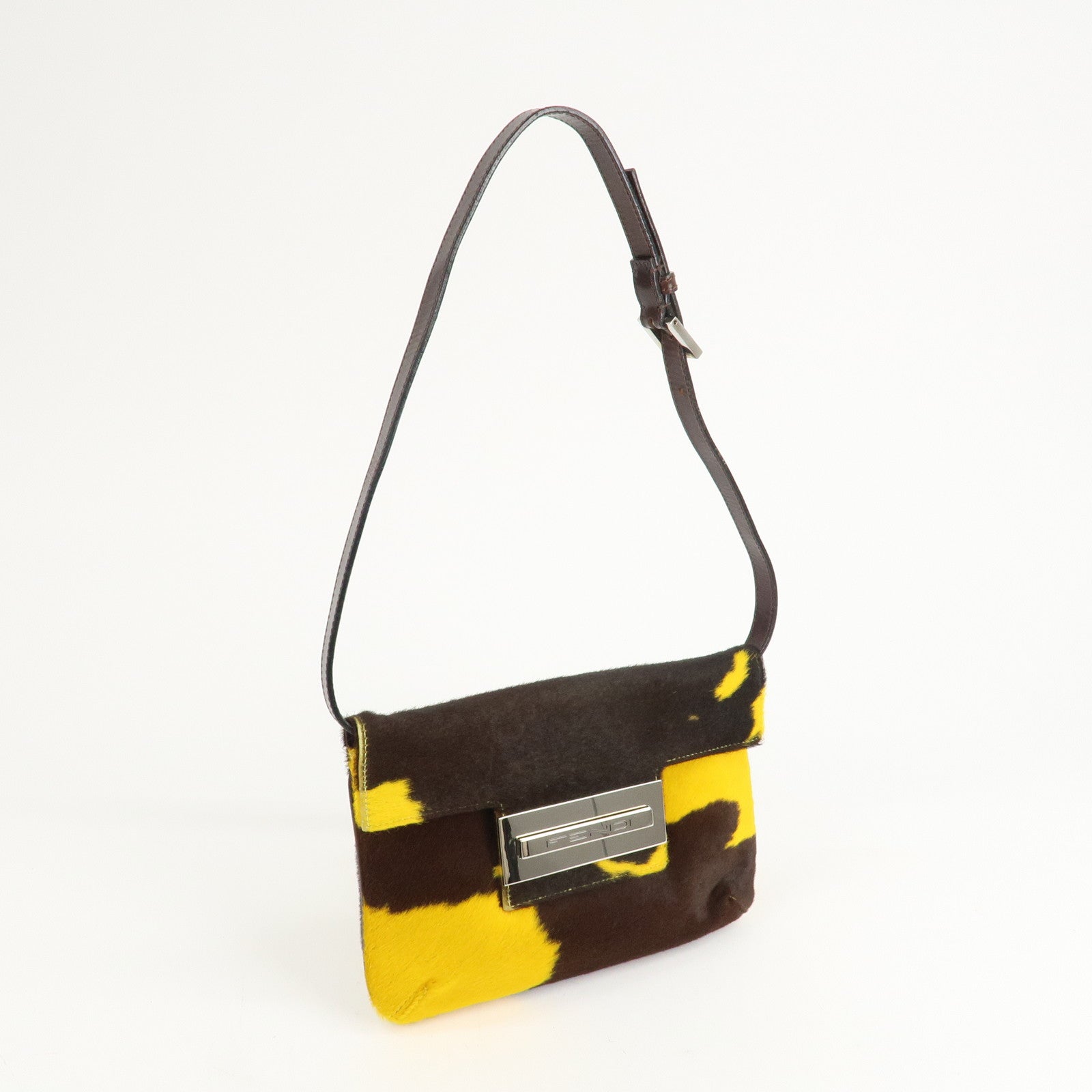 FENDI COW Unborn Calf Leather Shoulder Bag Yellow Brown Used