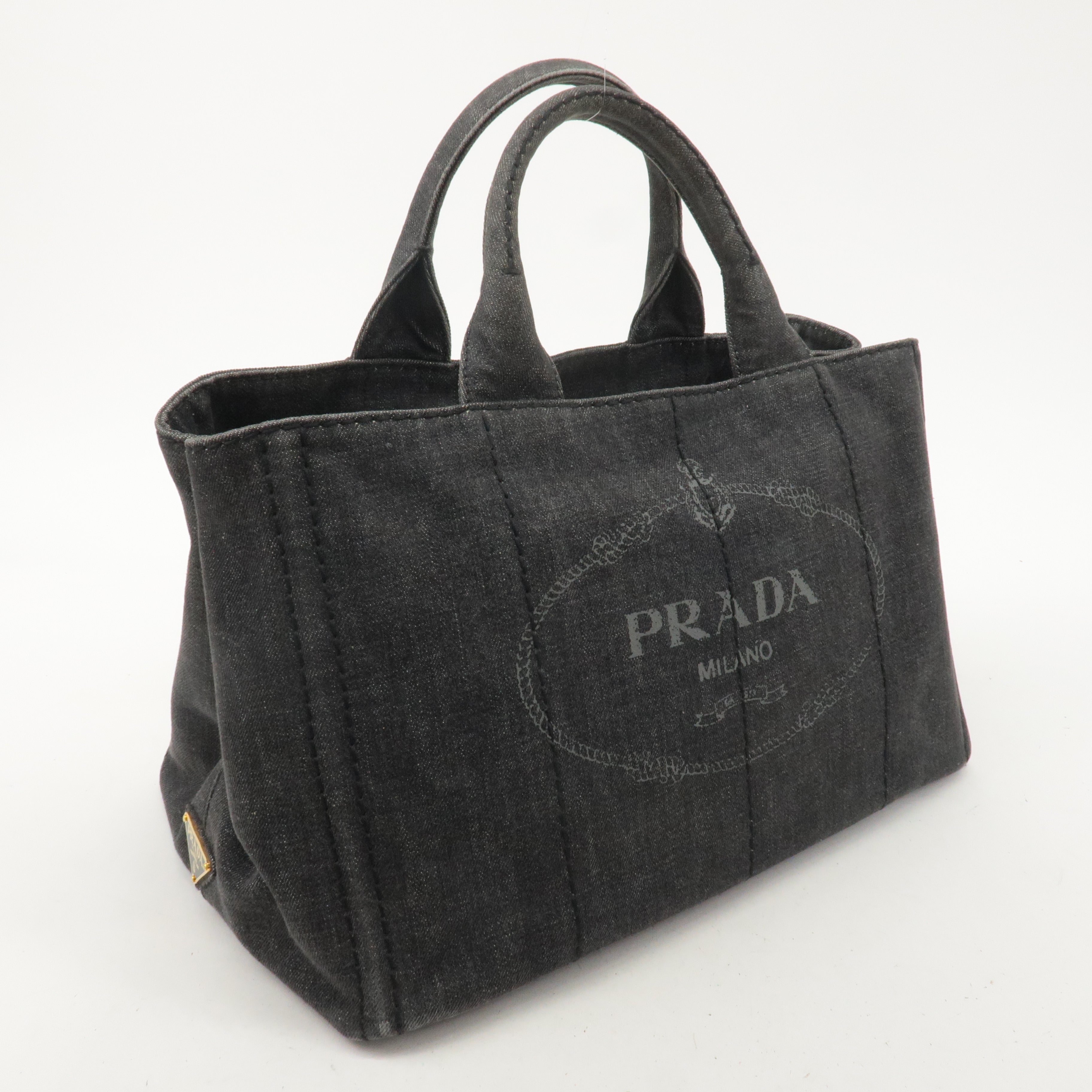 PRADA Logo Canapa Denim 2Way Bag Hand Bag Shoulder Bag Black