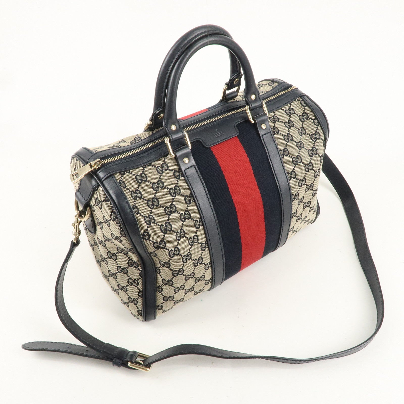 GUCCI Sherry GG Canvas Leather 2Way Boston Bag Navy 247205