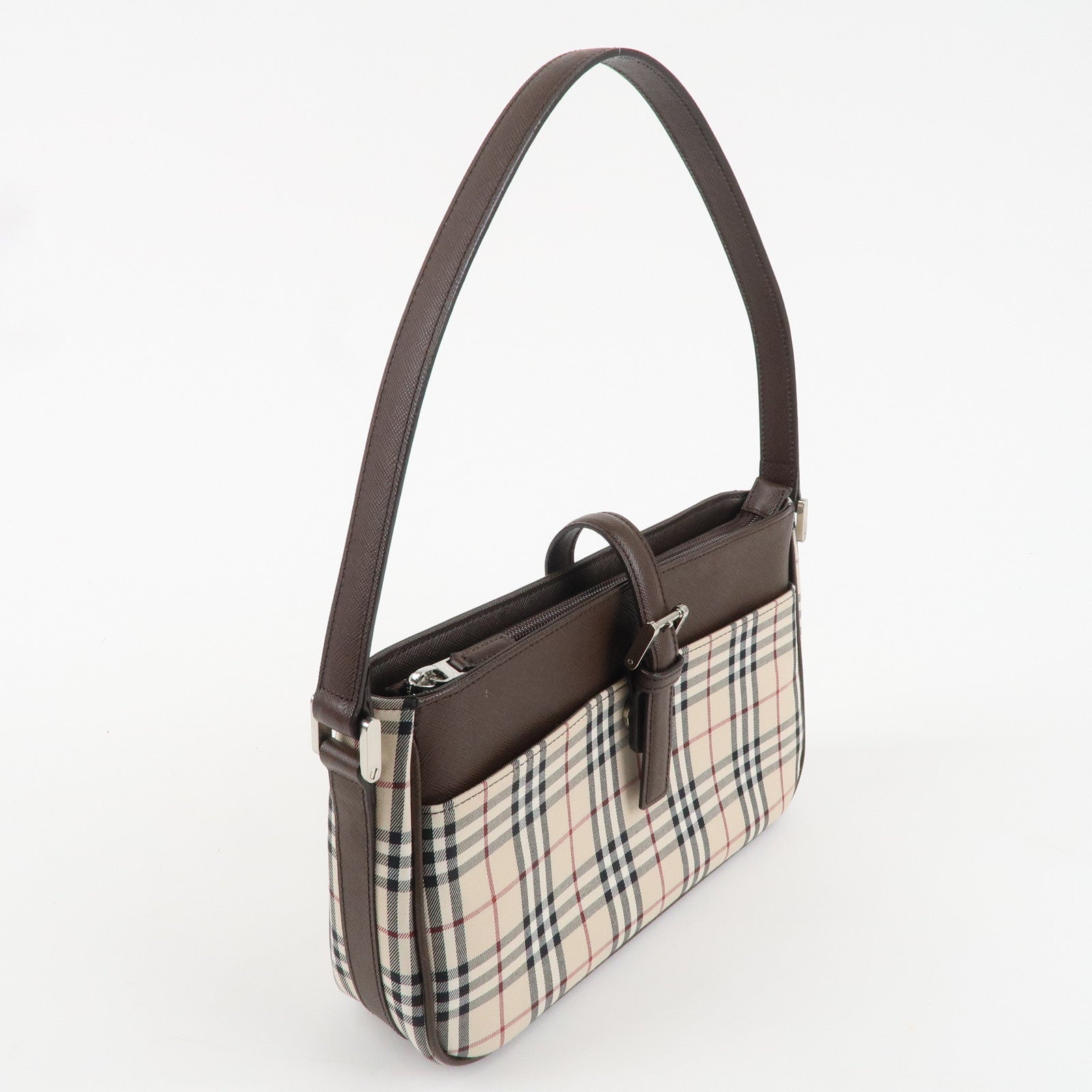 Burberry Nova Plaid Canvas Leather Shoulder Bag Beige Brown