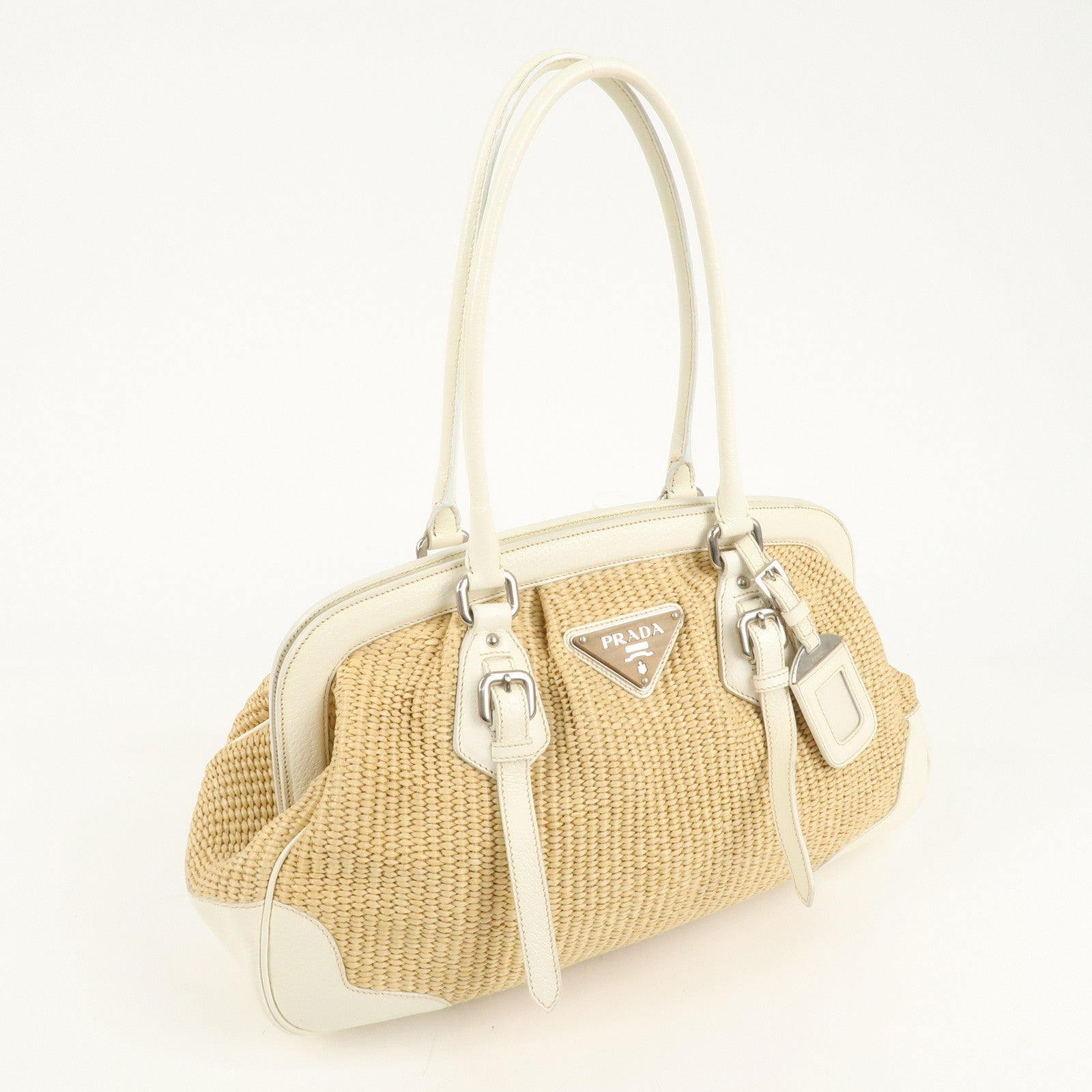 PRADA Logo Raffia Leather Hand Bag Shoulder Bag Ivory BR3508