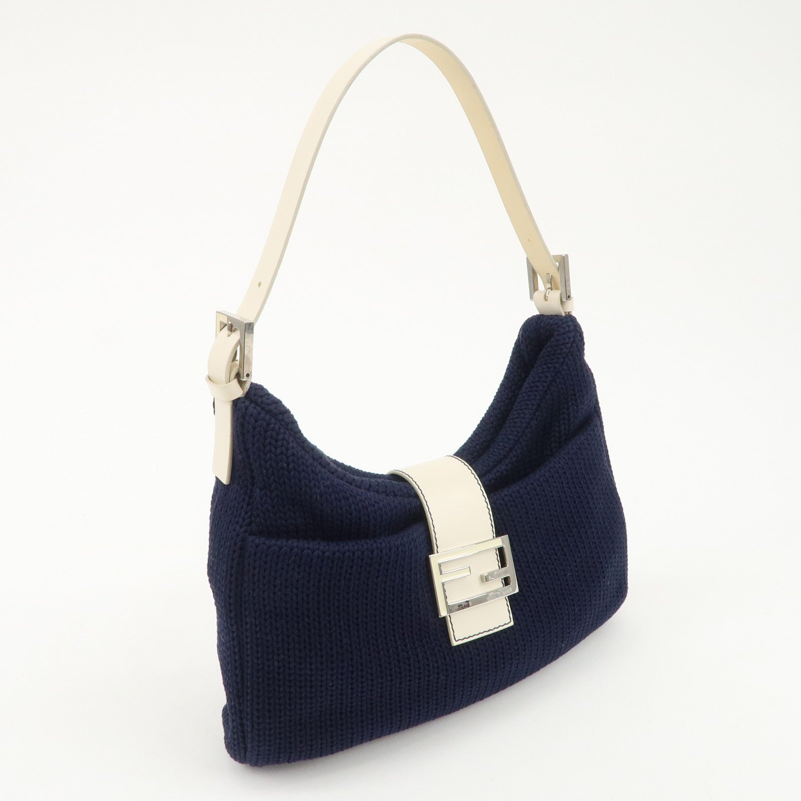 FENDI Wool Leather Shoulder Bag Navy White 26569