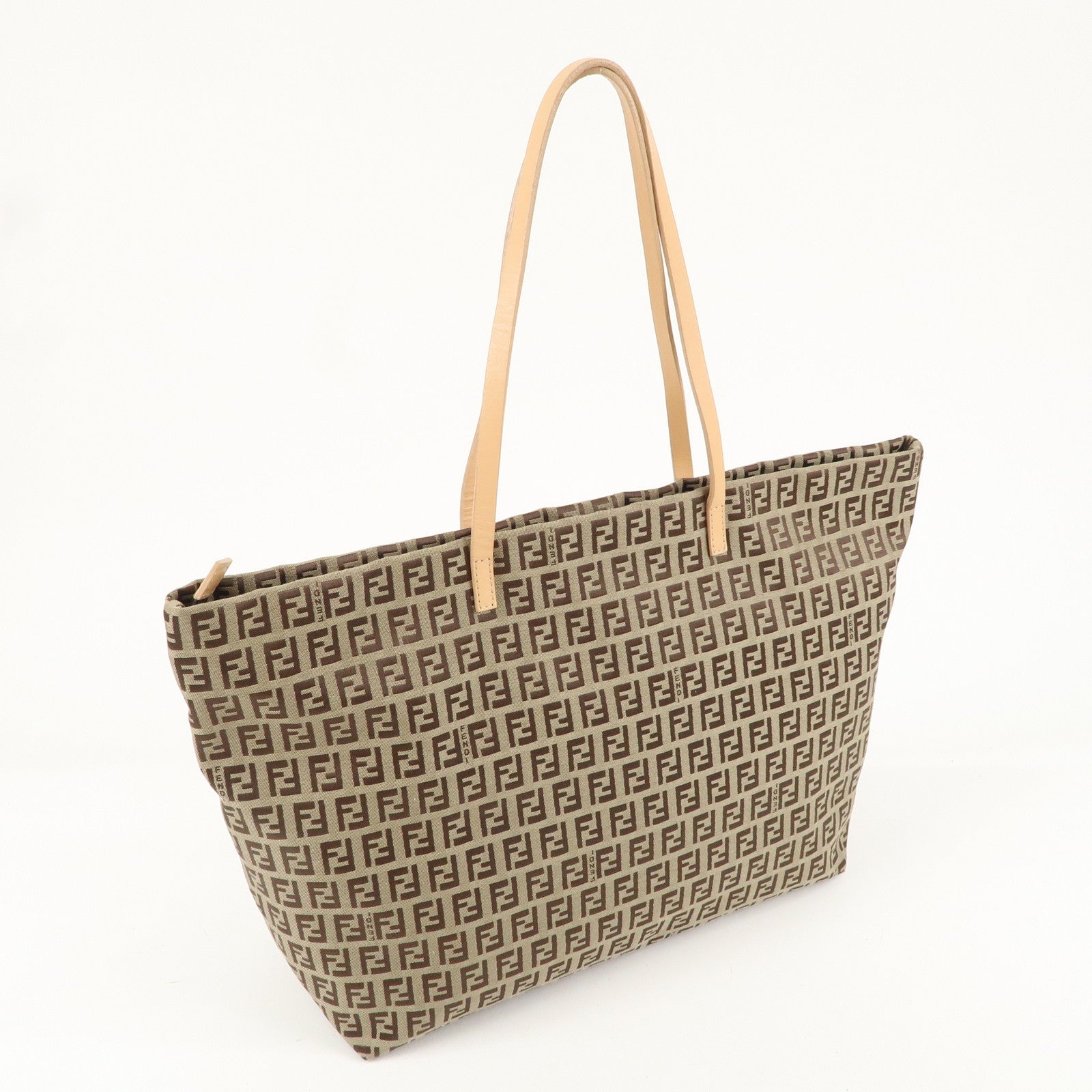 FENDI Zucchino Canvas Leather Tote Bag Beige Brown