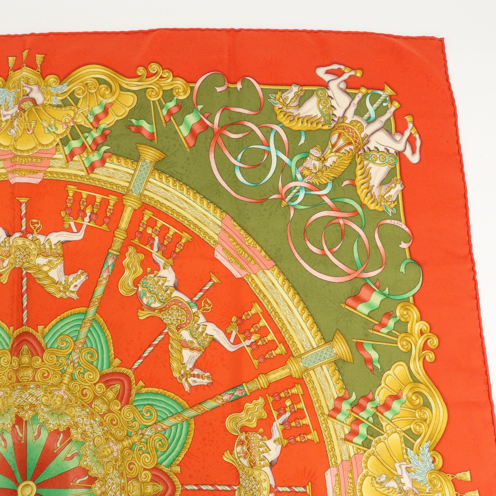 HERMES Carre 90 Silk 100% Scarf Luna Park Red Gold Green Used