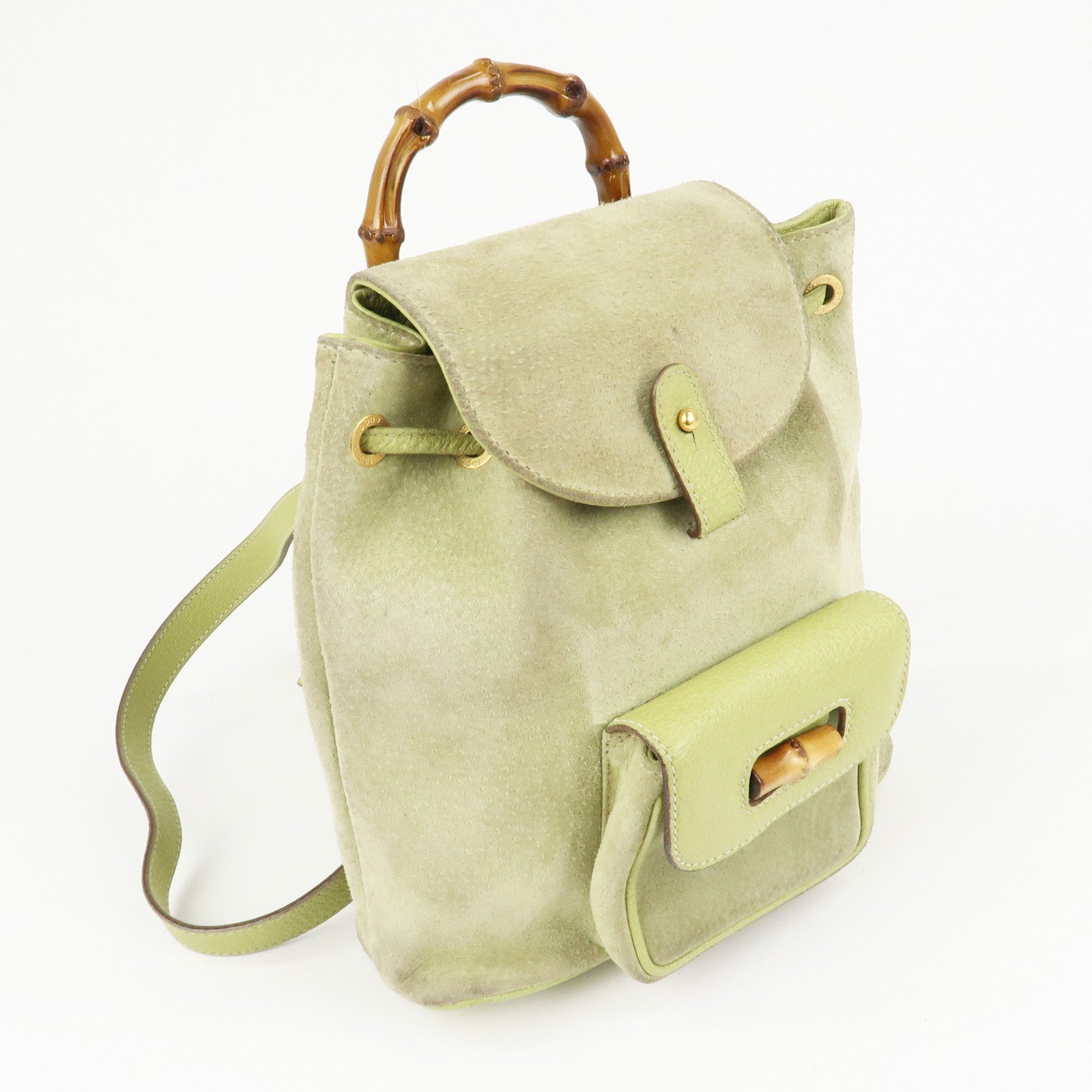 GUCCI Bamboo Suede Leather Backpack Light Green 003.1956.0030